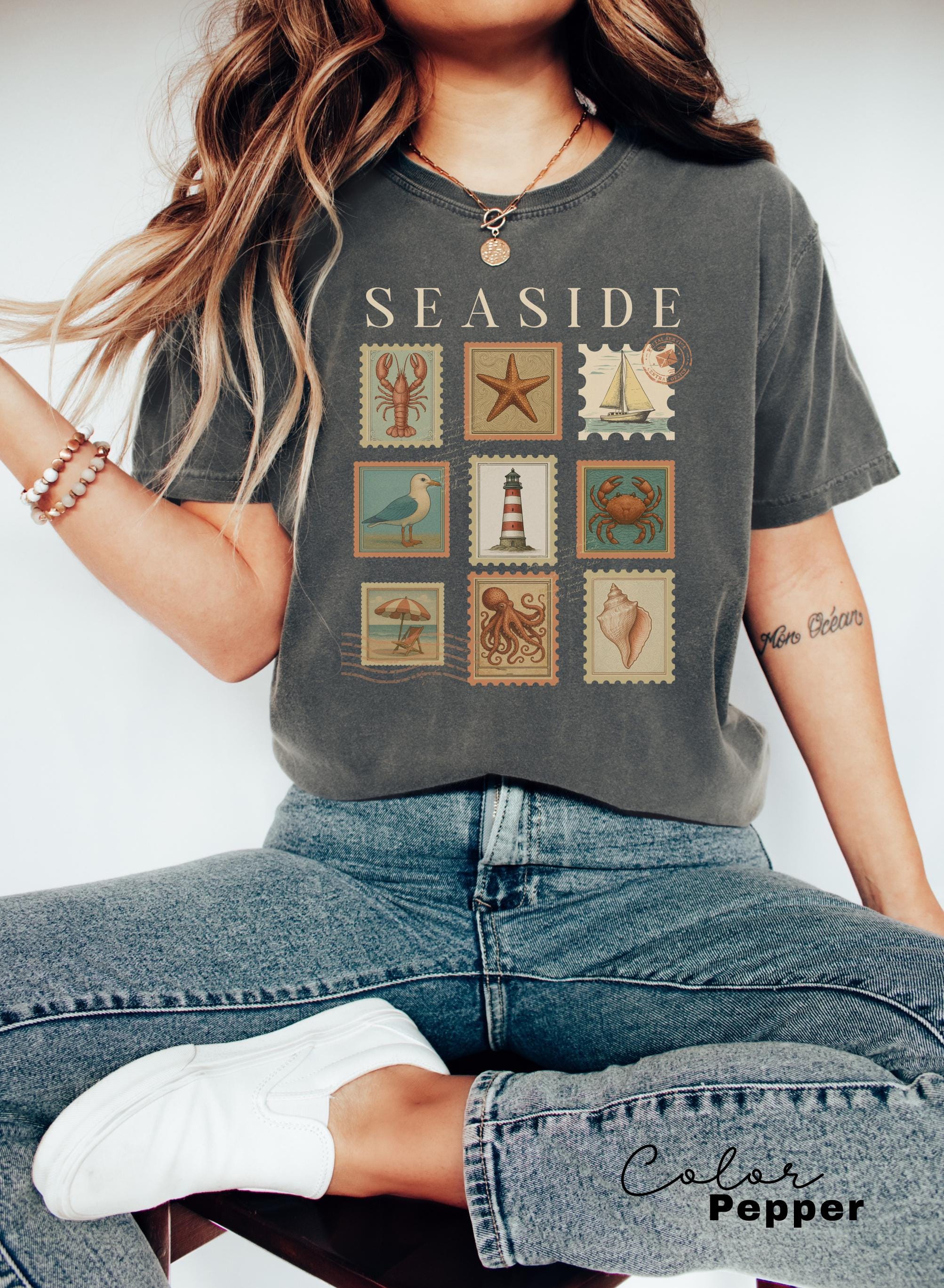 Summer Beach Shirt, Seaside Shirt, Fisherman Aeshetic, Coastal Grandma, Summer Vacation, Vintage Retro Summer, Postage Stamp, Lobster Shirt