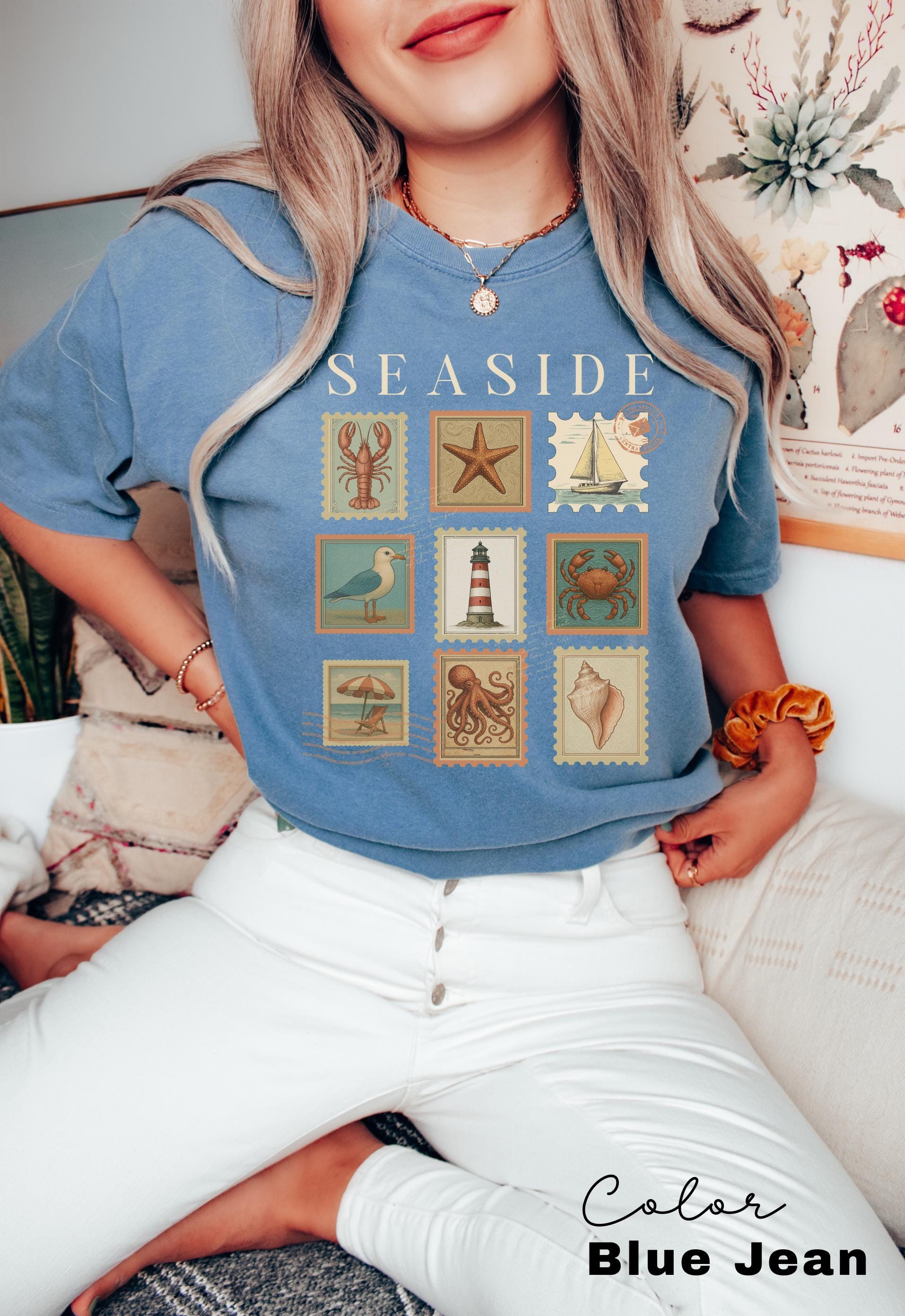 Summer Beach Shirt, Seaside Shirt, Fisherman Aeshetic, Coastal Grandma, Summer Vacation, Vintage Retro Summer, Postage Stamp, Lobster Shirt