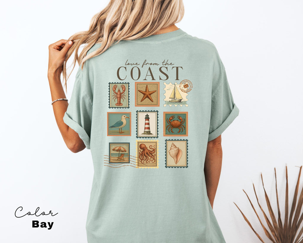 Summer Beach Shirt, Love from the Coast Shirt, Fisherman Aeshetic, Coastal Grandma, Back Print, Vintage Retro Summer, Postage Stamp