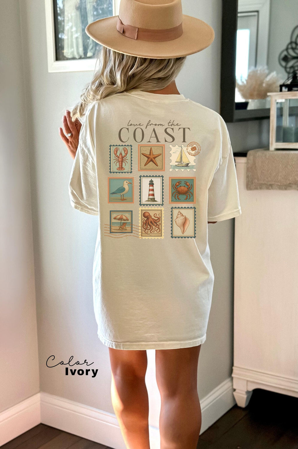 Summer Beach Shirt, Love from the Coast Shirt, Fisherman Aeshetic, Coastal Grandma, Back Print, Vintage Retro Summer, Postage Stamp