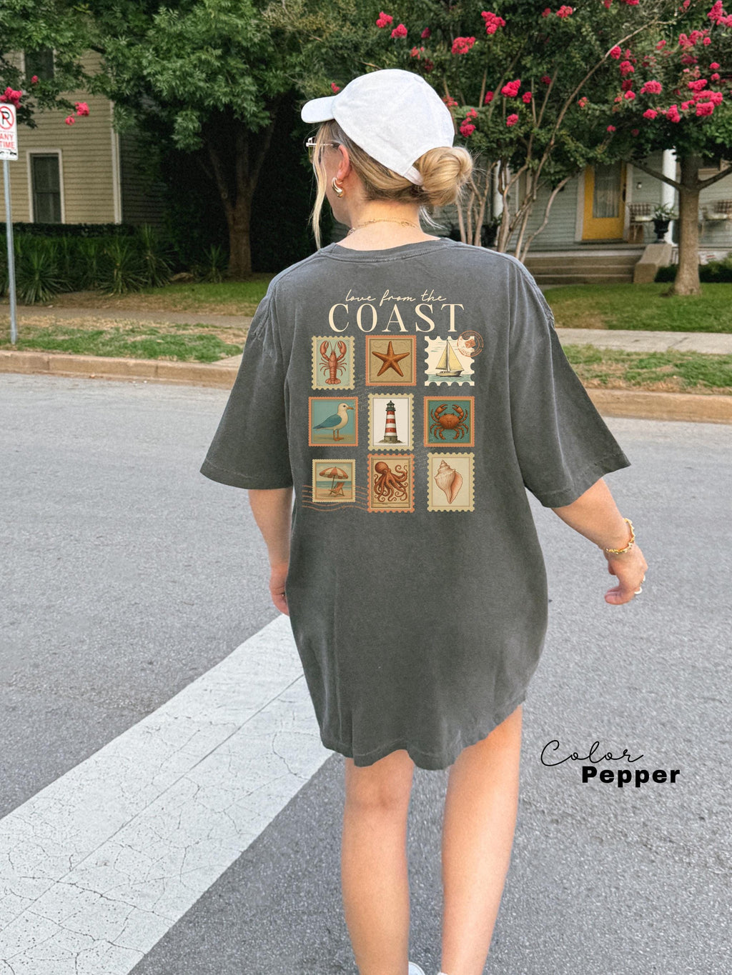 Summer Beach Shirt, Love from the Coast Shirt, Fisherman Aeshetic, Coastal Grandma, Back Print, Vintage Retro Summer, Postage Stamp