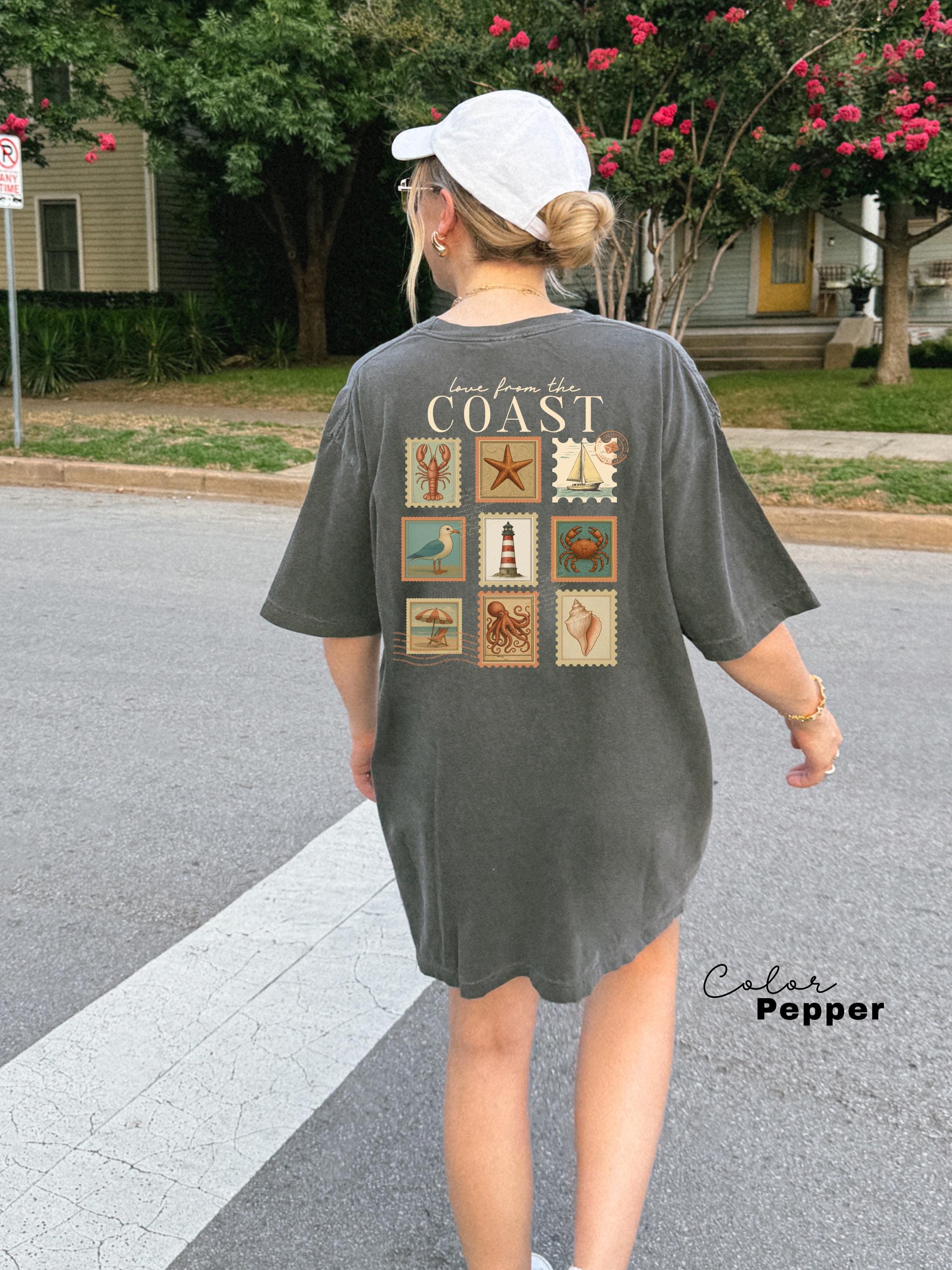 Summer Beach Shirt, Love from the Coast Shirt, Fisherman Aeshetic, Coastal Grandma, Back Print, Vintage Retro Summer, Postage Stamp