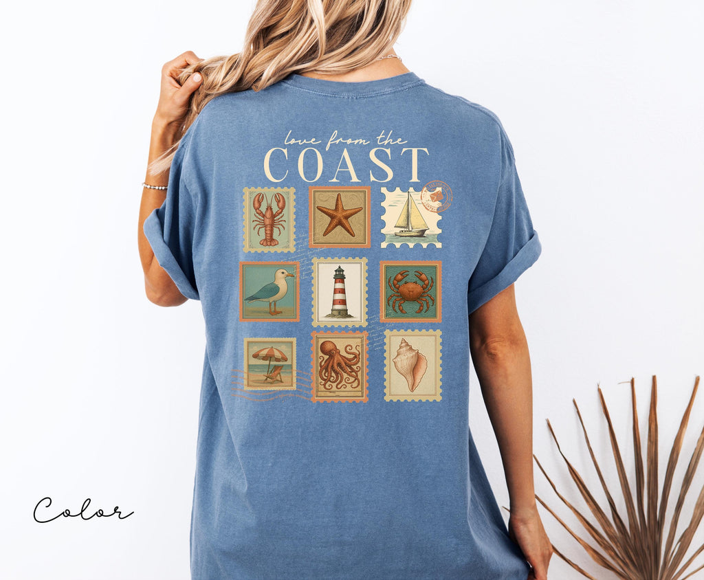 Summer Beach Shirt, Love from the Coast Shirt, Fisherman Aeshetic, Coastal Grandma, Back Print, Vintage Retro Summer, Postage Stamp