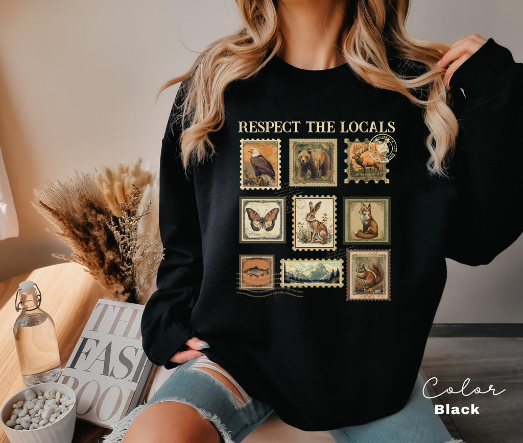 Respect The Local Wildlife Sweatshirt, Gift For Nature Lover, Animal Lover, Protect National Parks, Granola Girl, Postage Postal Stamp