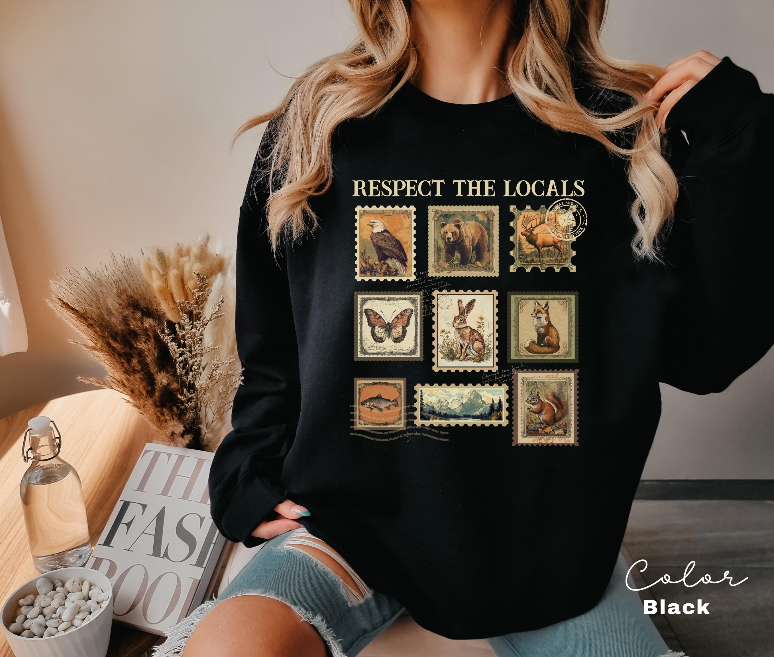 Respect The Local Wildlife Sweatshirt, Gift For Nature Lover, Animal Lover, Protect National Parks, Granola Girl, Postage Postal Stamp