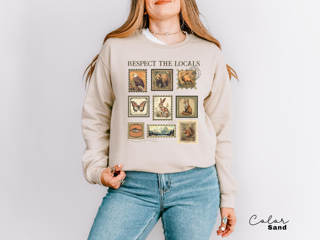 Respect The Local Wildlife Sweatshirt, Gift For Nature Lover, Animal Lover, Protect National Parks, Granola Girl, Postage Postal Stamp