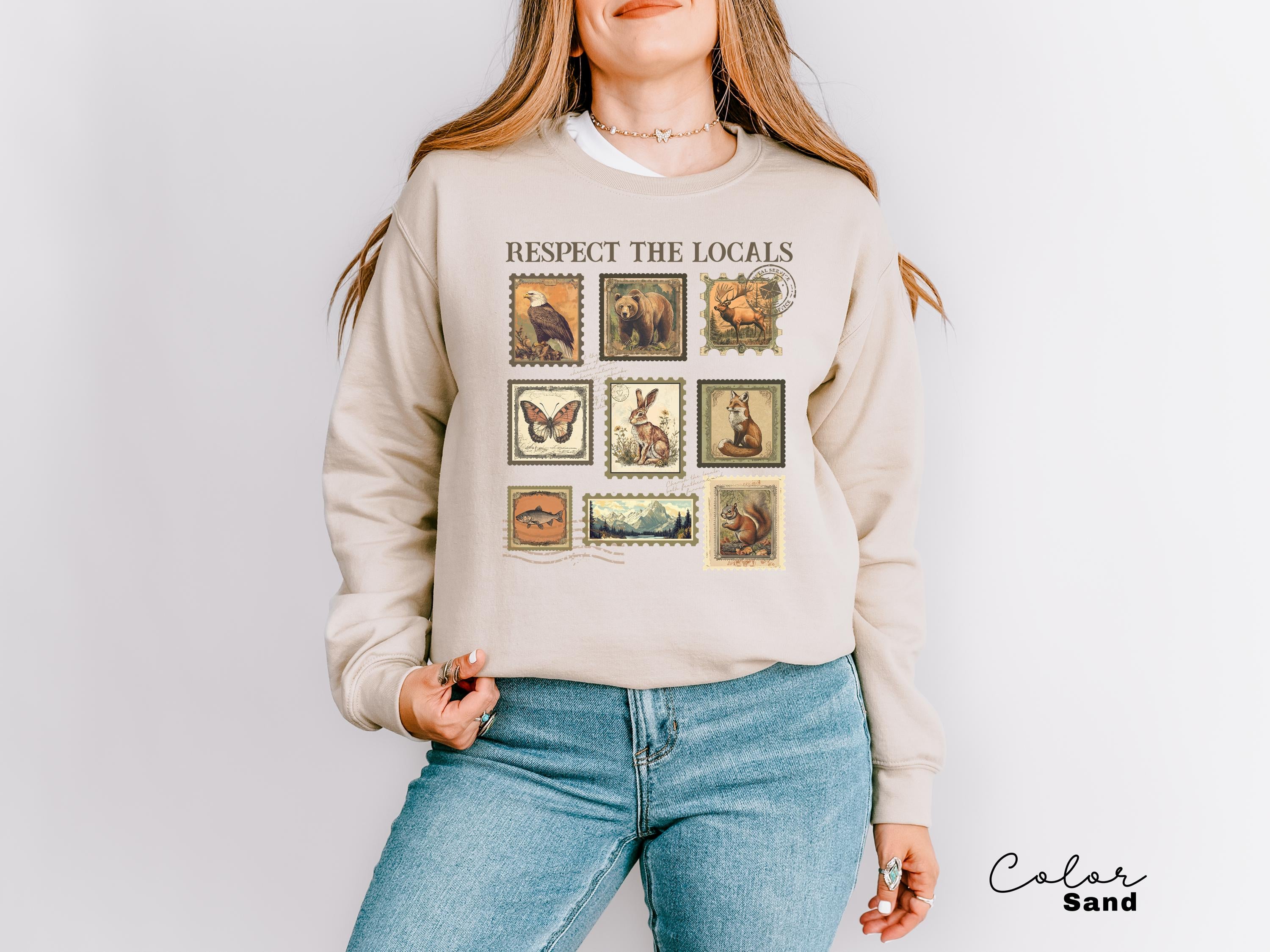 Respect The Local Wildlife Sweatshirt, Gift For Nature Lover, Animal Lover, Protect National Parks, Granola Girl, Postage Postal Stamp