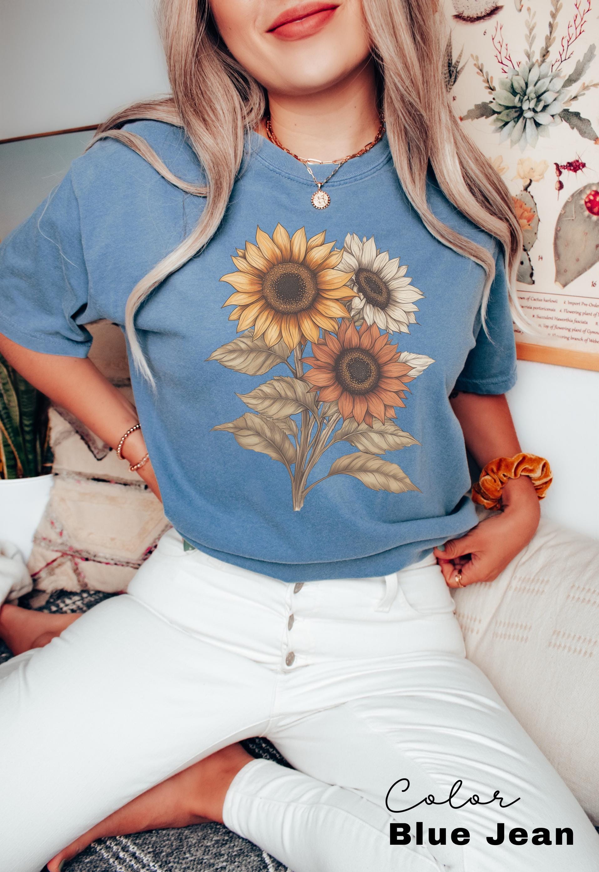 Sunflower Shirt, Comfort Colors Vintage Flowers Tshirt, Summer Wildflower Shirt, Boho Tee, Botanical Shirt, Sunflower Lover Gifts For Her