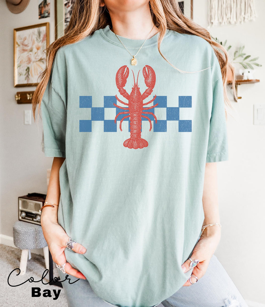Summer Beach Shirt, Lobster Shirt, Retro 90s shirt, Fisherman Aeshetic, Summer Vacation, Vintage Retro Summer, Checkerboard, Lobster Shirt