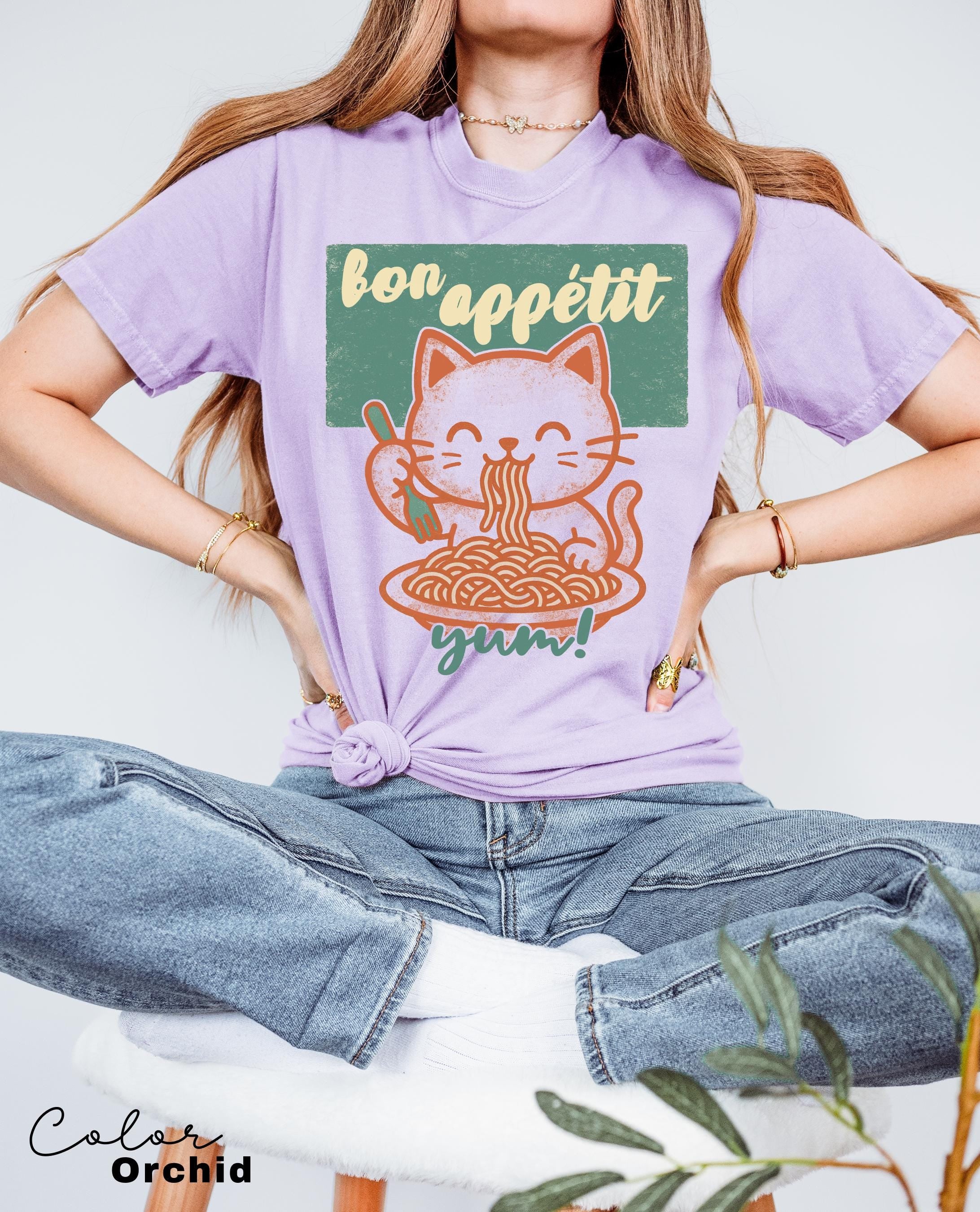 Ramen Noodle Cat Shirt, Cute Kitty Retro Style Graphic Tee, Bon Appetit Shirt, Cat Lover Tshirt, spaghetti shirt, Kitten Cat lover Retro Tee