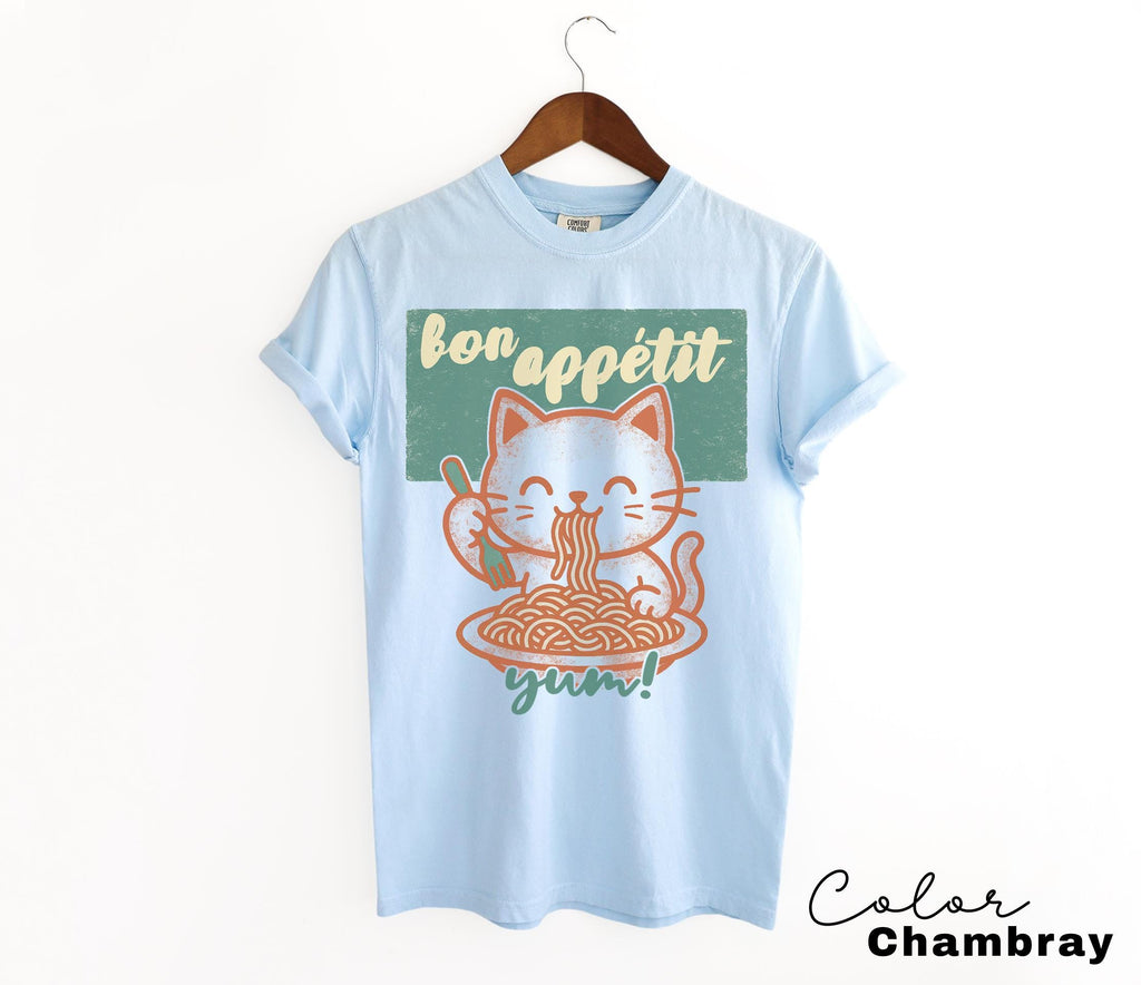 Ramen Noodle Cat Shirt, Cute Kitty Retro Style Graphic Tee, Bon Appetit Shirt, Cat Lover Tshirt, spaghetti shirt, Kitten Cat lover Retro Tee
