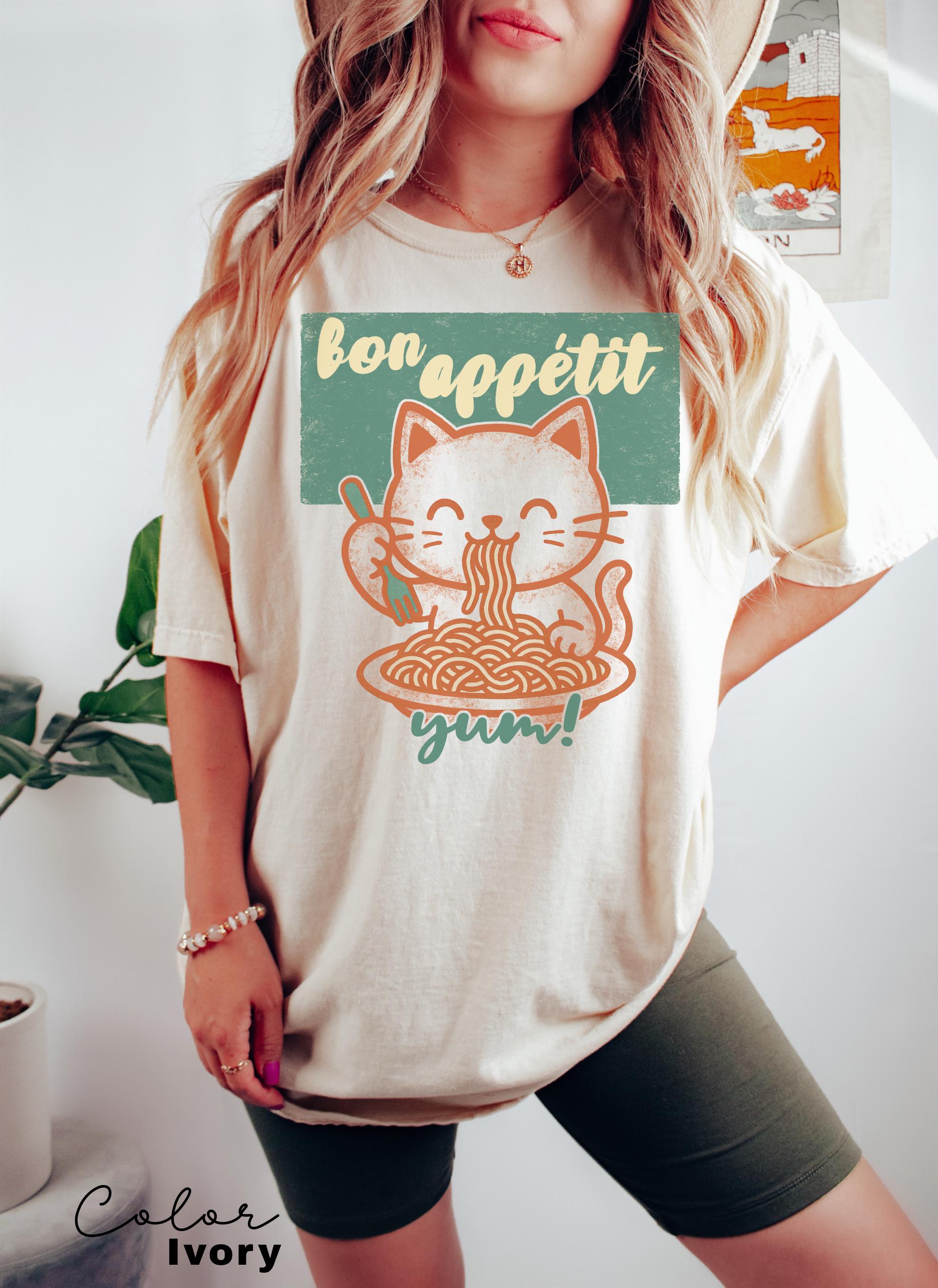 Ramen Noodle Cat Shirt, Cute Kitty Retro Style Graphic Tee, Bon Appetit Shirt, Cat Lover Tshirt, spaghetti shirt, Kitten Cat lover Retro Tee