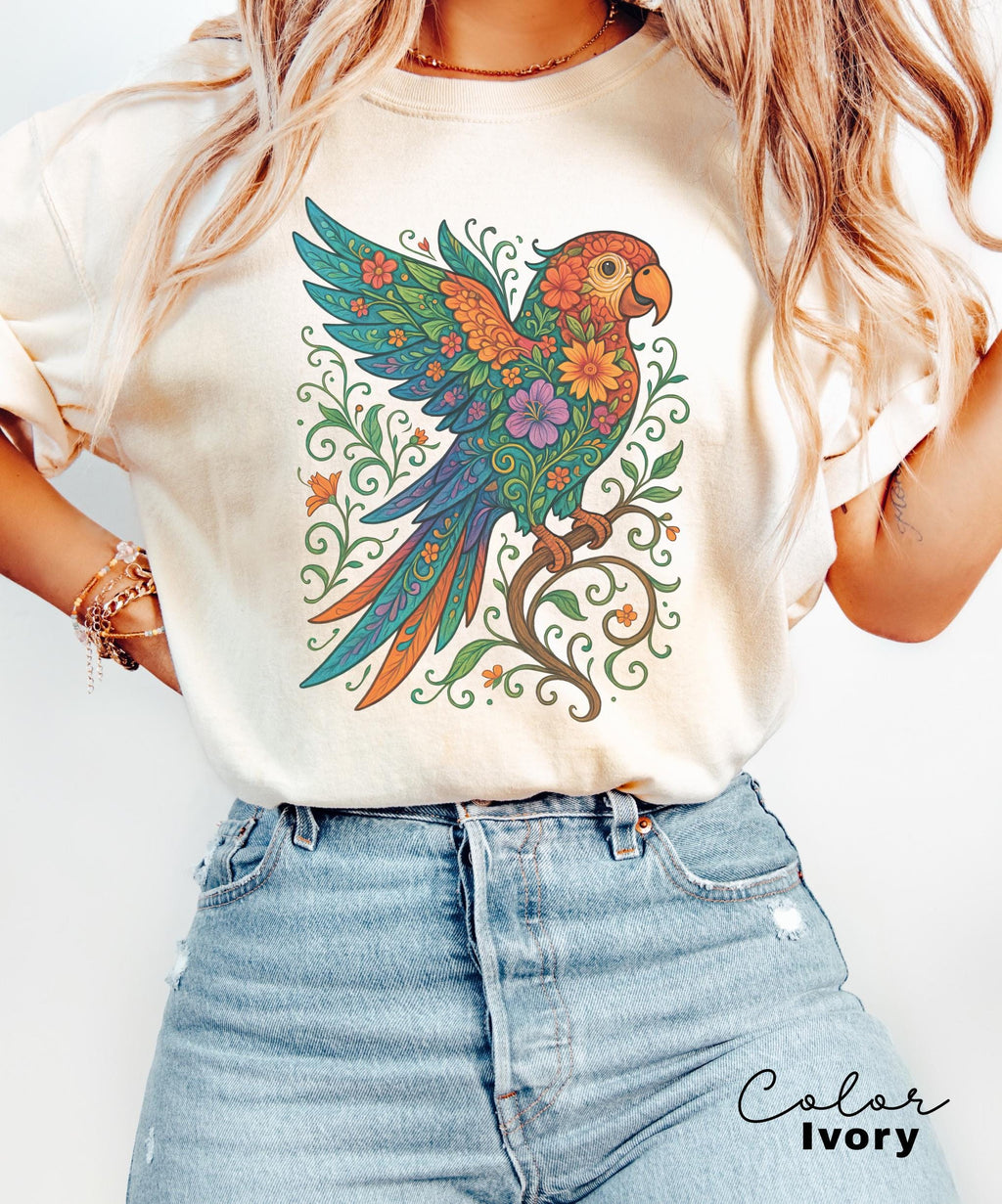 Floral Bird Shirt, Parrot Shirt, Animal Lover Tee, Bird T-shirt, Trendy Tee, Gift For Her, Bird Lover T-Shirt, Spring Birds, Summer Shirt