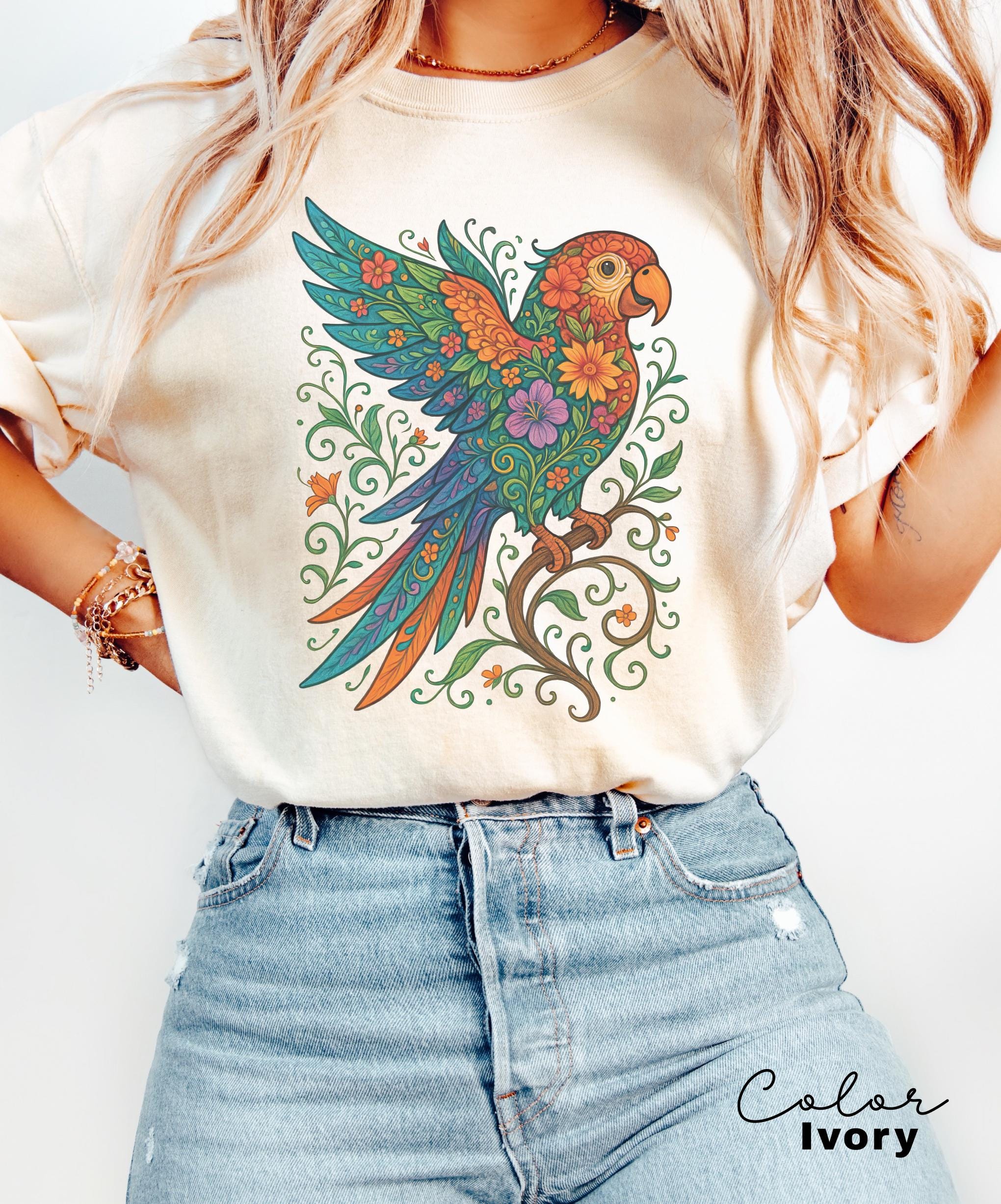 Floral Bird Shirt, Parrot Shirt, Animal Lover Tee, Bird T-shirt, Trendy Tee, Gift For Her, Bird Lover T-Shirt, Spring Birds, Summer Shirt