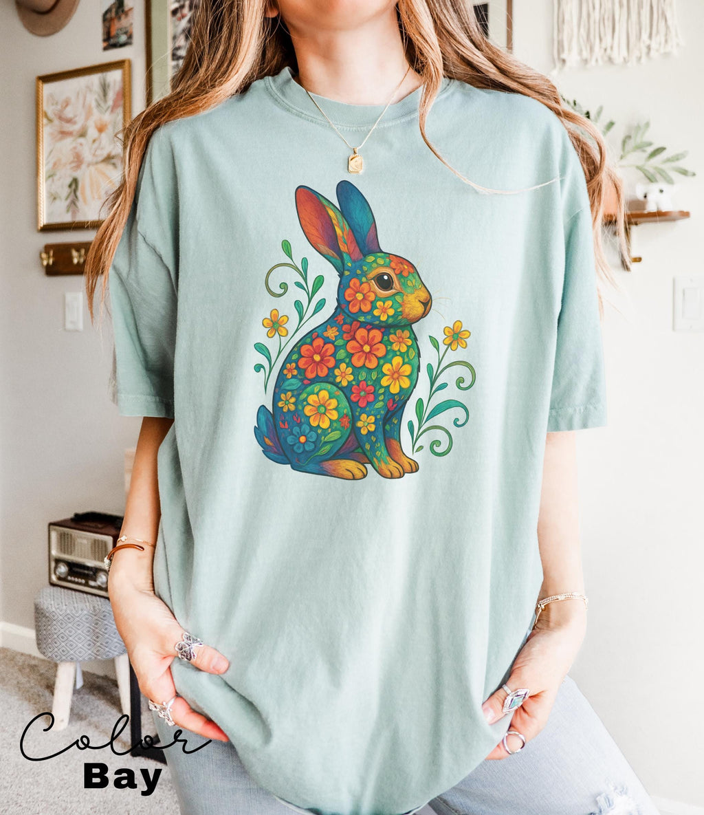 Bunny Shirt, Flower Rabbit Shirt, Spring Floral Shirt, Summer Shirt, Colorful Bunny Rabbit, Boho Animal, Mothers Day Gift, Country Shirt,