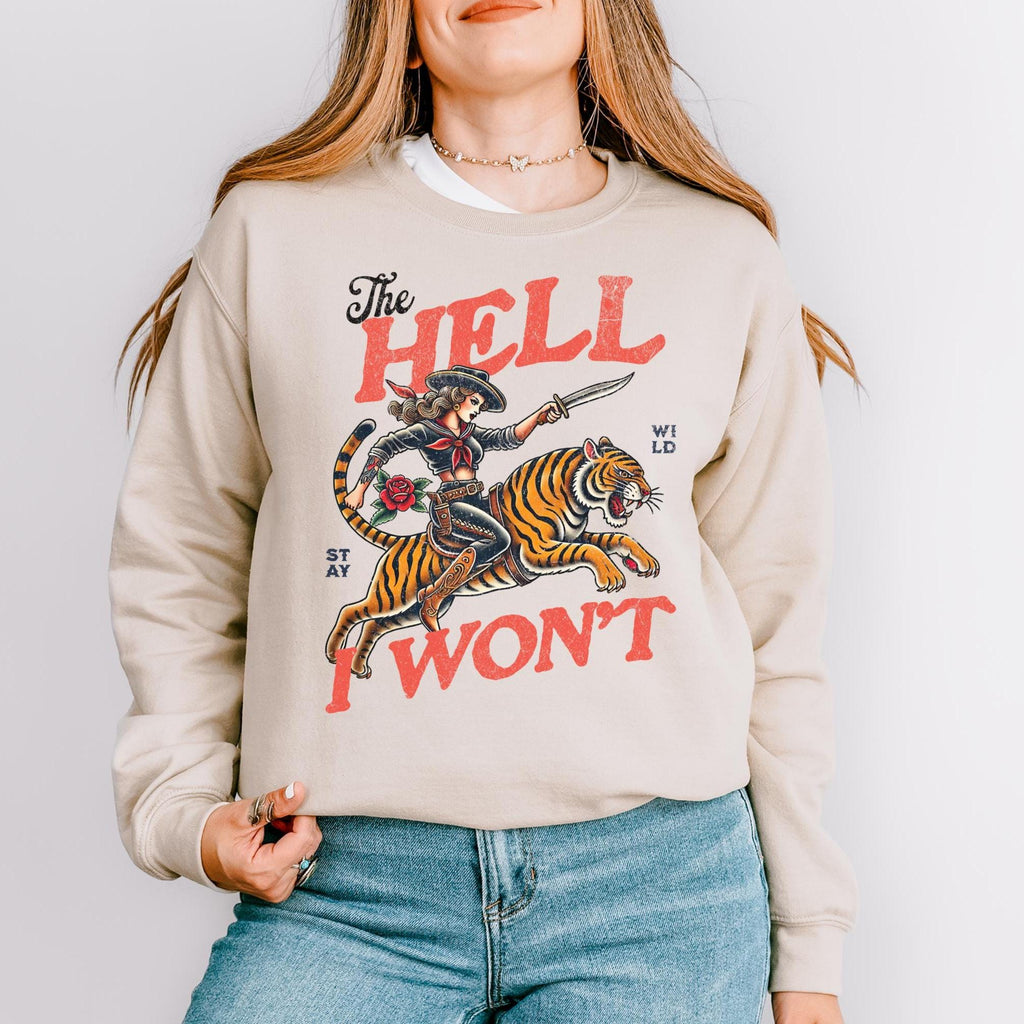 Retro Cowgirl Tiger Sweatshirt, The Hell I Won't, Trendy Sweatshirt, Retro Rodeo, Country Western Aesthetic Oversized Crewneck, Tiger