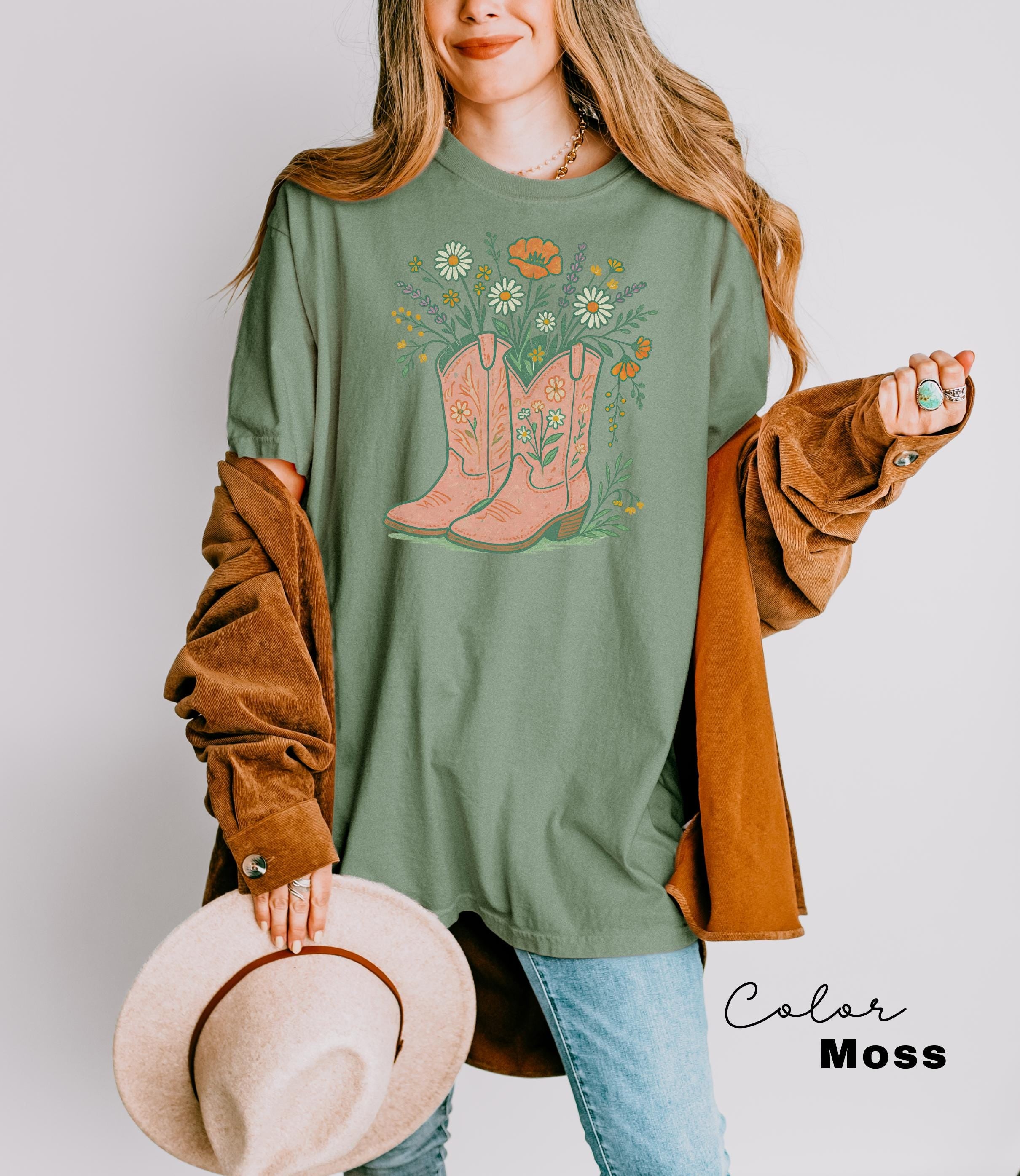 Cowgirl Boots Wildflowers Shirt, Retro Western Graphic Tee, Comfort Colors Country Girl T-Shirt, Rodeo Outfit, Gift for Her, Country Farm