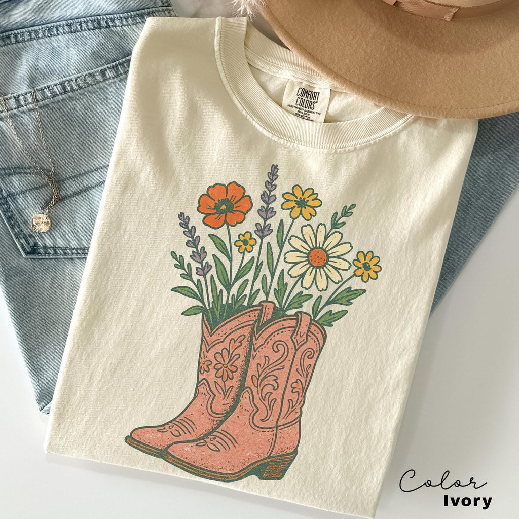 Cowgirl Boots Wildflowers Shirt, Retro Western Graphic Tee, Comfort Colors Country Girl T-Shirt, Rodeo Outfit, Gift for Her, Country Farm