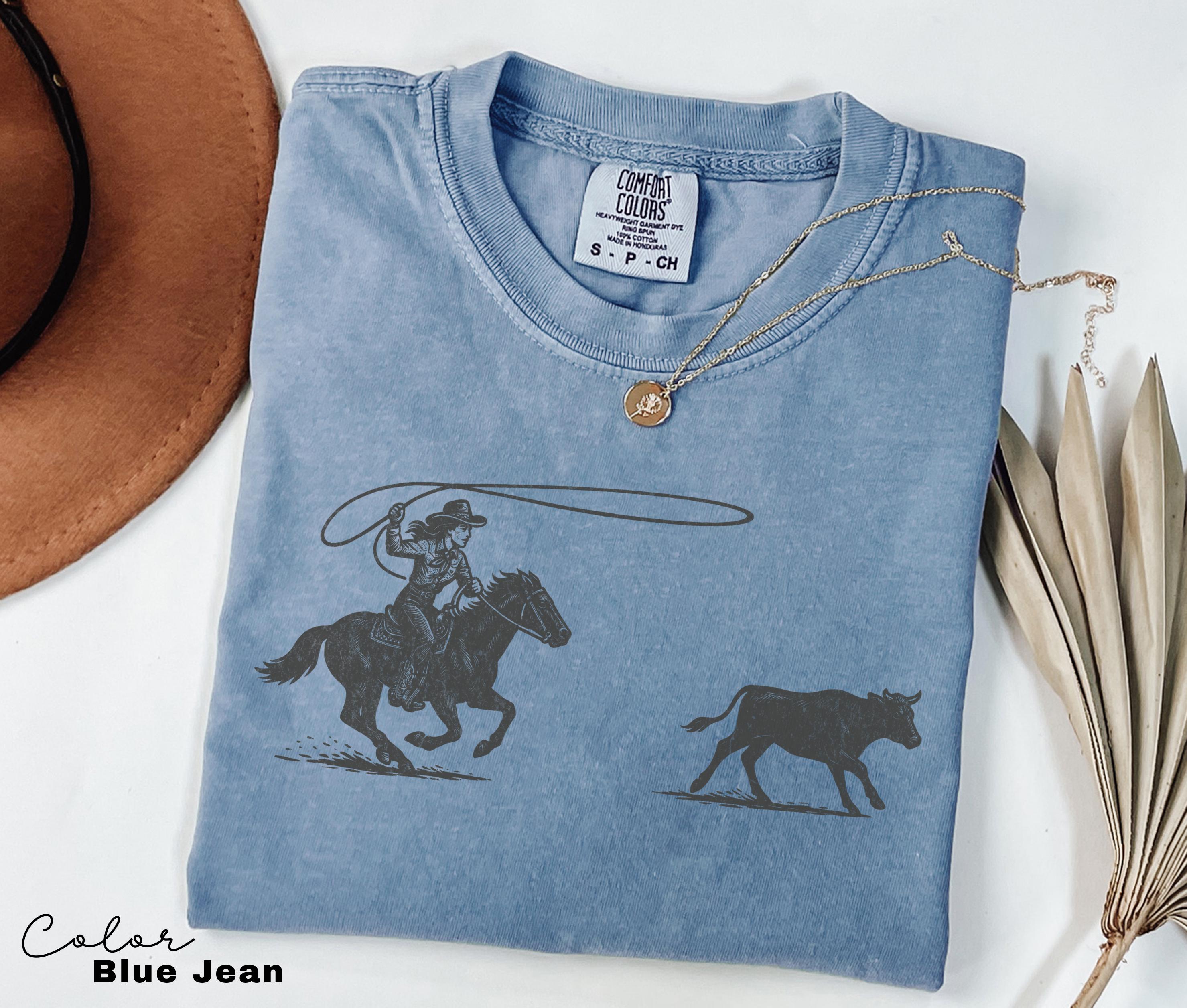 Cowgirl Roping Shirt, Retro Western Rodeo Graphic Tee, Comfort Colors Cowgirl T-Shirt, Country Girl Outfit, Cowboy, Gift Her, Farm Shirt