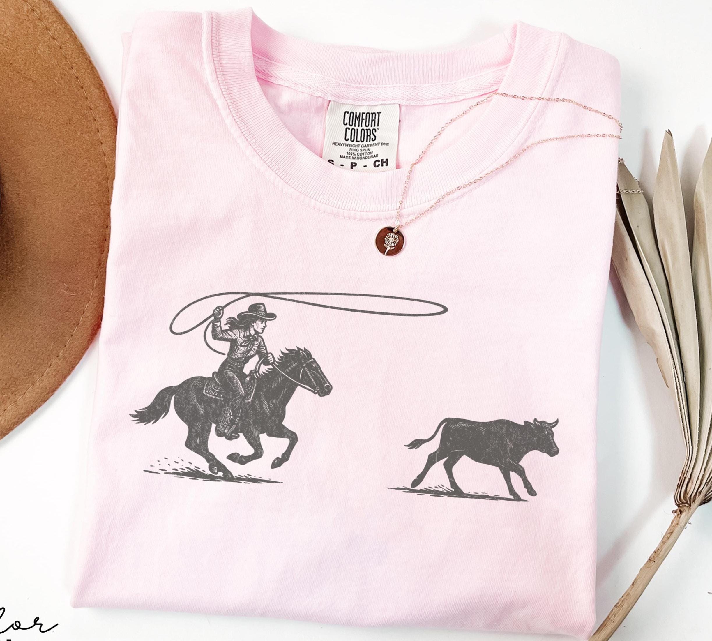 Cowgirl Roping Shirt, Retro Western Rodeo Graphic Tee, Comfort Colors Cowgirl T-Shirt, Country Girl Outfit, Cowboy, Gift Her, Farm Shirt