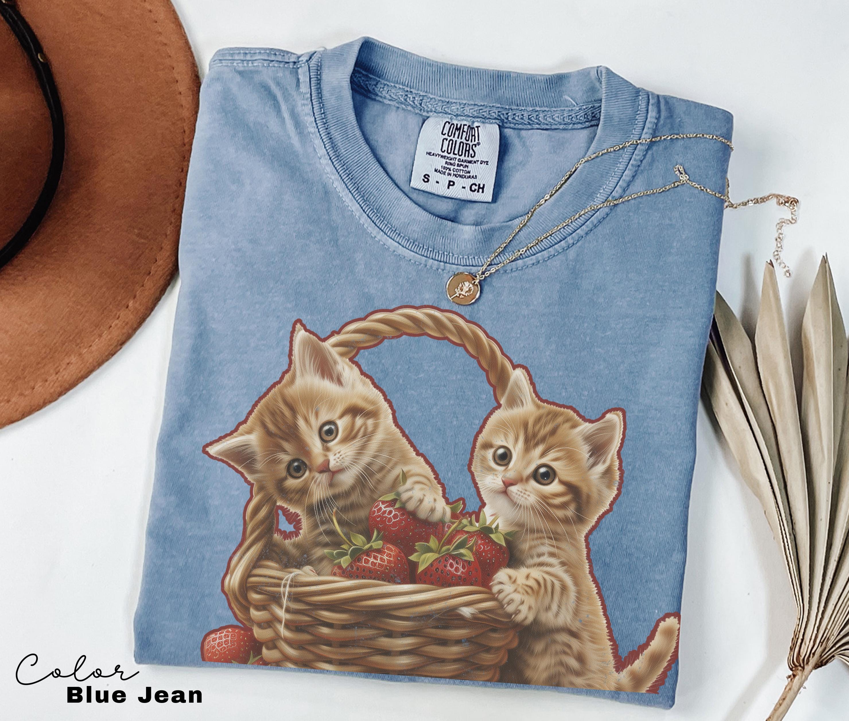 Strawberry Kittens Shirt, Summer Strawberry Shirt, Retro Style Cat Graphic Tee, Cute Comfort Colors, Cottagecore Shirt, Gift for Cat Lovers