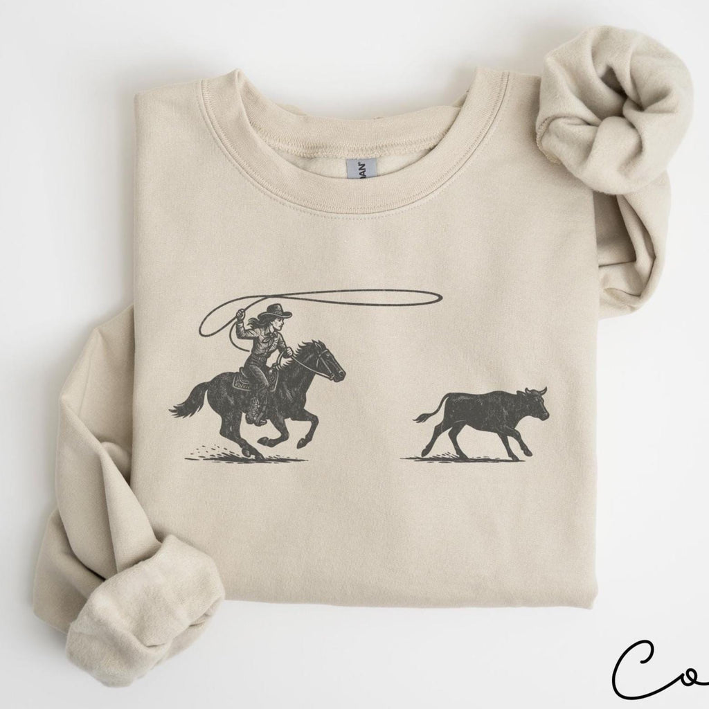 Cowgirl Roping Sweatshirt, Retro Western Rodeo Graphic Pullover, Cowboy Rodeo Sweatshirt, Country Girl Outfit, Gift for Her, Farm Sweatshirt