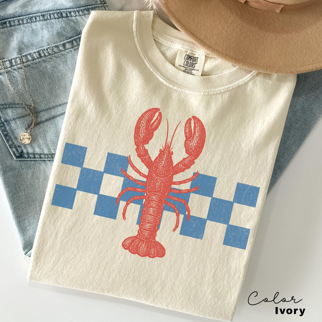 Summer Beach Shirt, Lobster Shirt, Retro 90s shirt, Fisherman Aeshetic, Summer Vacation, Vintage Retro Summer, Checkerboard, Lobster Shirt