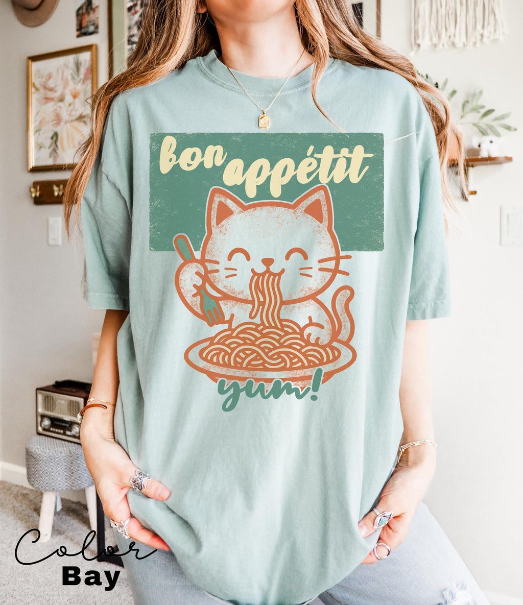 Ramen Noodle Cat Shirt, Cute Kitty Retro Style Graphic Tee, Bon Appetit Shirt, Cat Lover Tshirt, spaghetti shirt, Kitten Cat lover Retro Tee