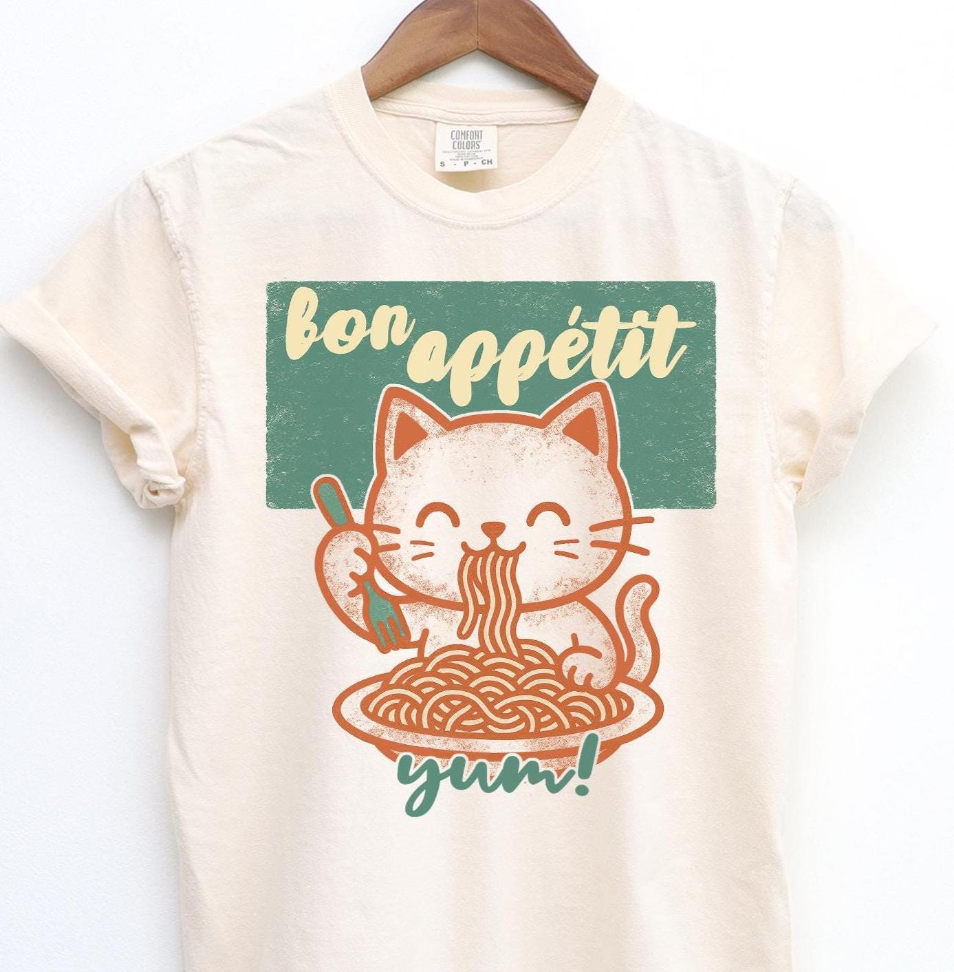Ramen Noodle Cat Shirt, Cute Kitty Retro Style Graphic Tee, Bon Appetit Shirt, Cat Lover Tshirt, spaghetti shirt, Kitten Cat lover Retro Tee