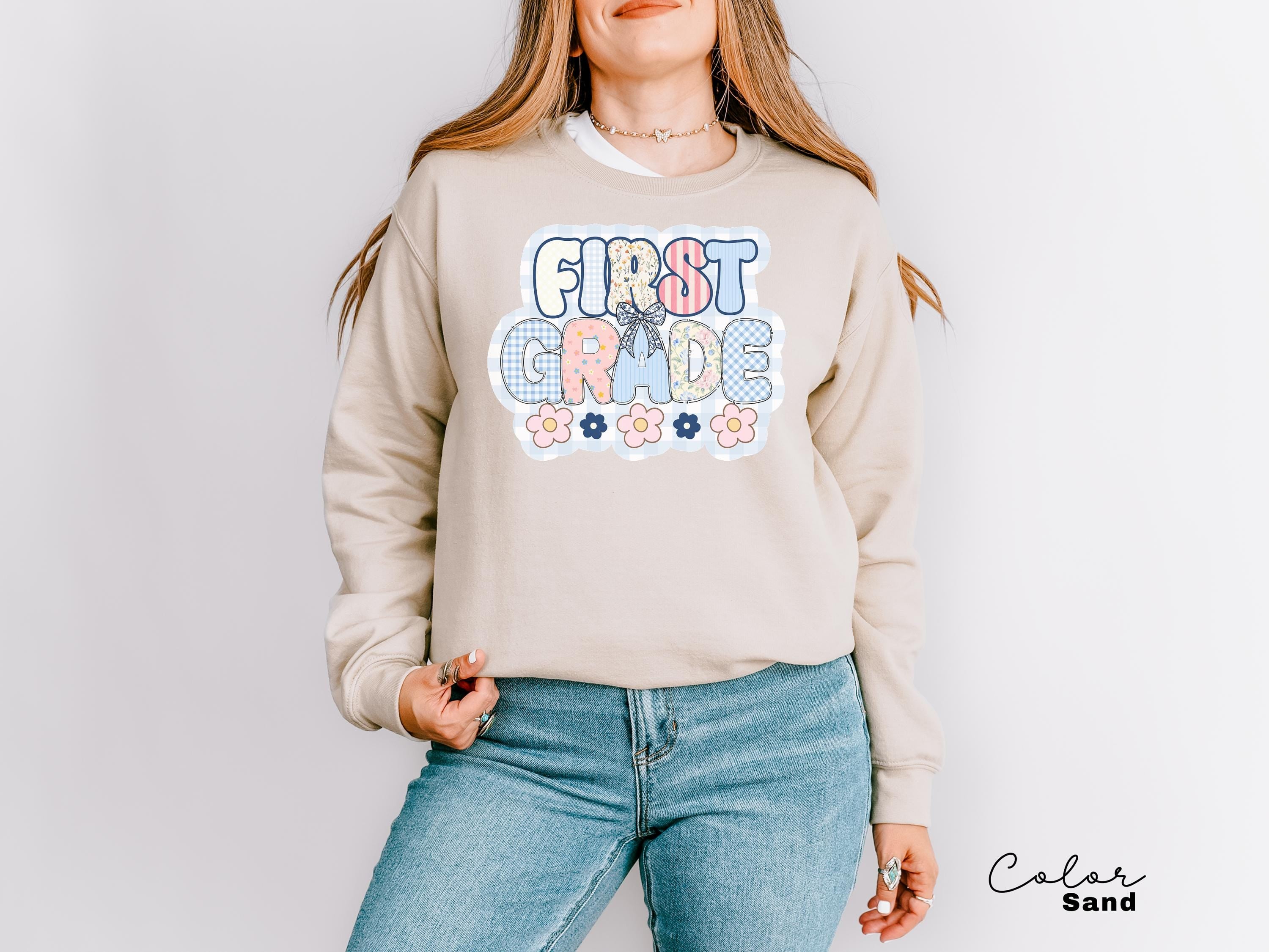 First Grade Teacher Sweatshirt, Back to School 1st Grade , Teacher Appreciation Gift, Cute Elementary School Crewneck, Crew Squad, Coquette