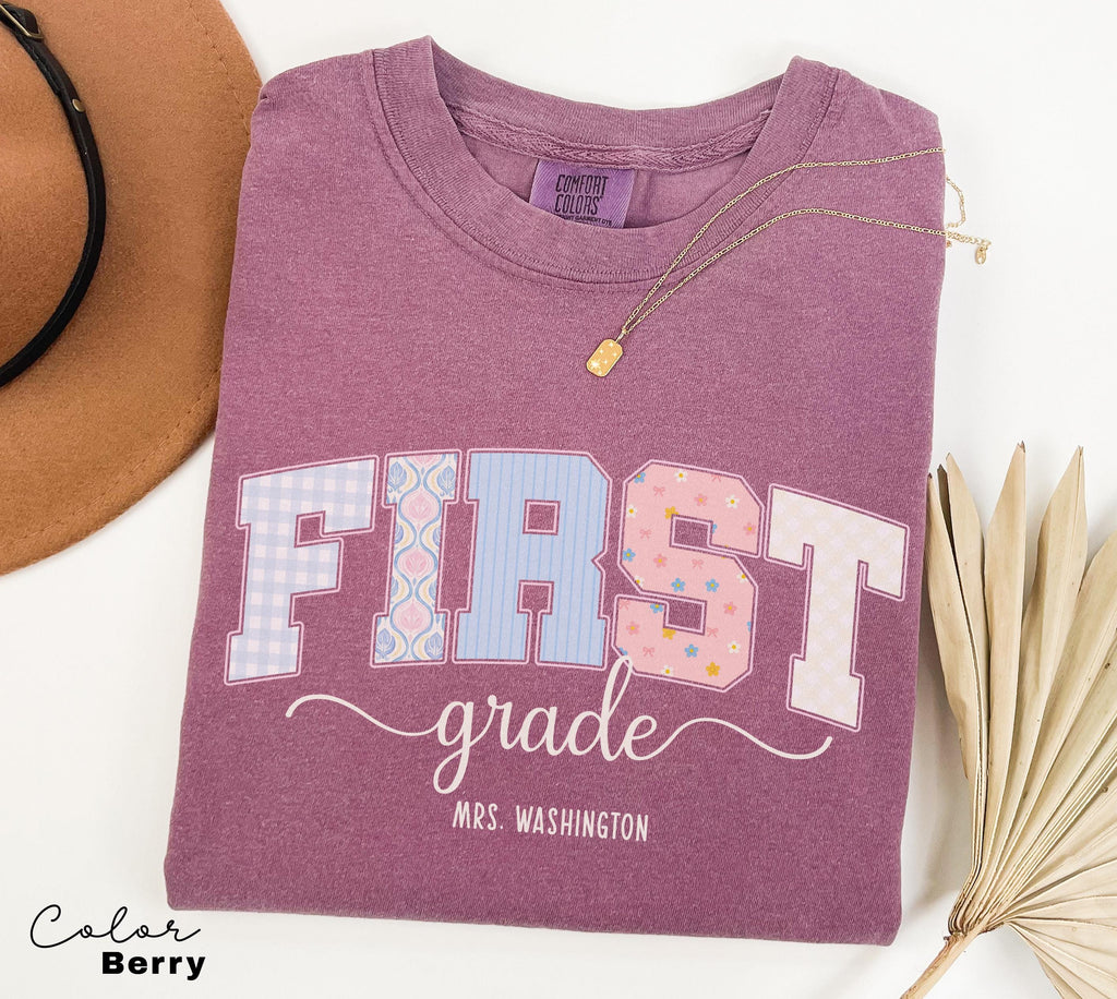 Custom First Grade Teacher Comfort Colors Shirt, Personalized Name, Back to School Teacher Tee, 1st Grade Teacher Group Shirt, Cute Floral