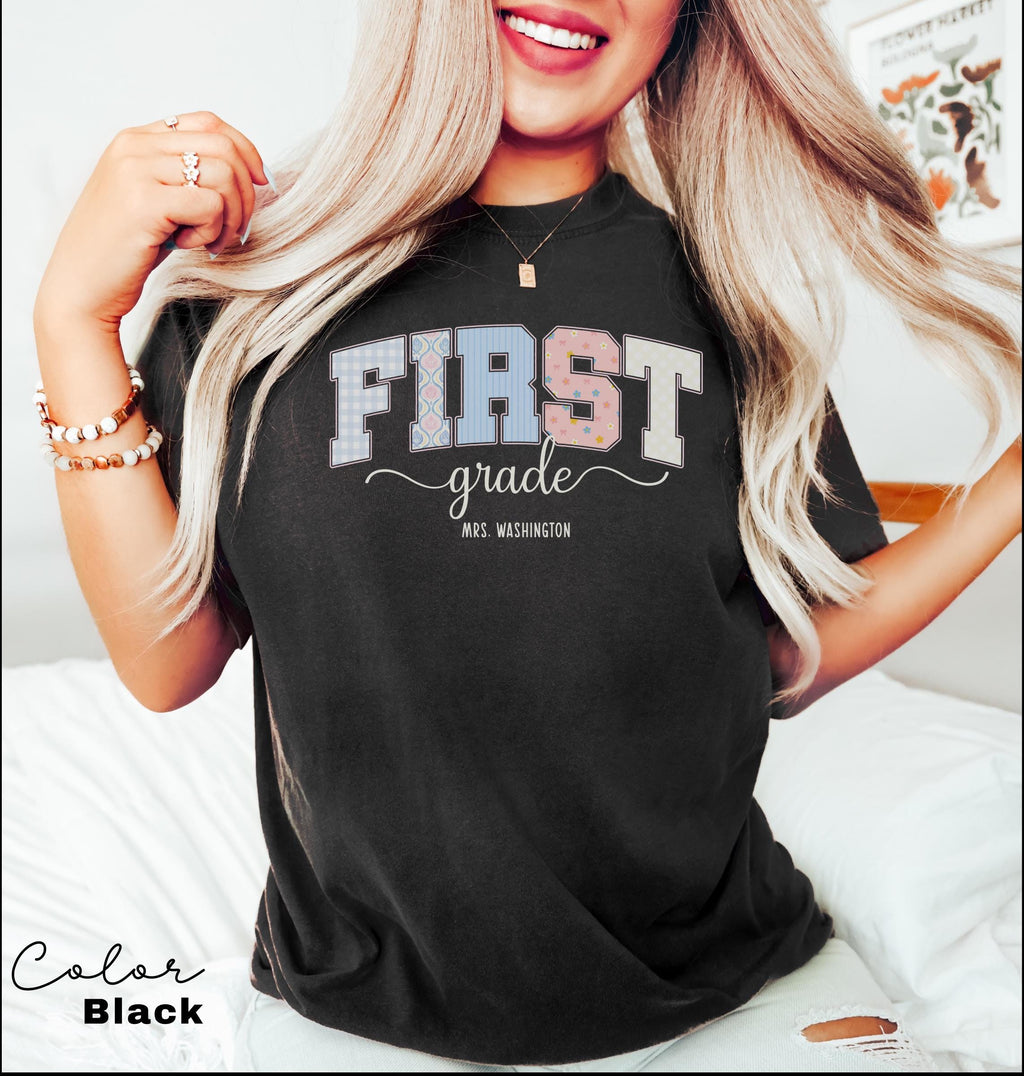 Custom First Grade Teacher Comfort Colors Shirt, Personalized Name, Back to School Teacher Tee, 1st Grade Teacher Group Shirt, Cute Floral