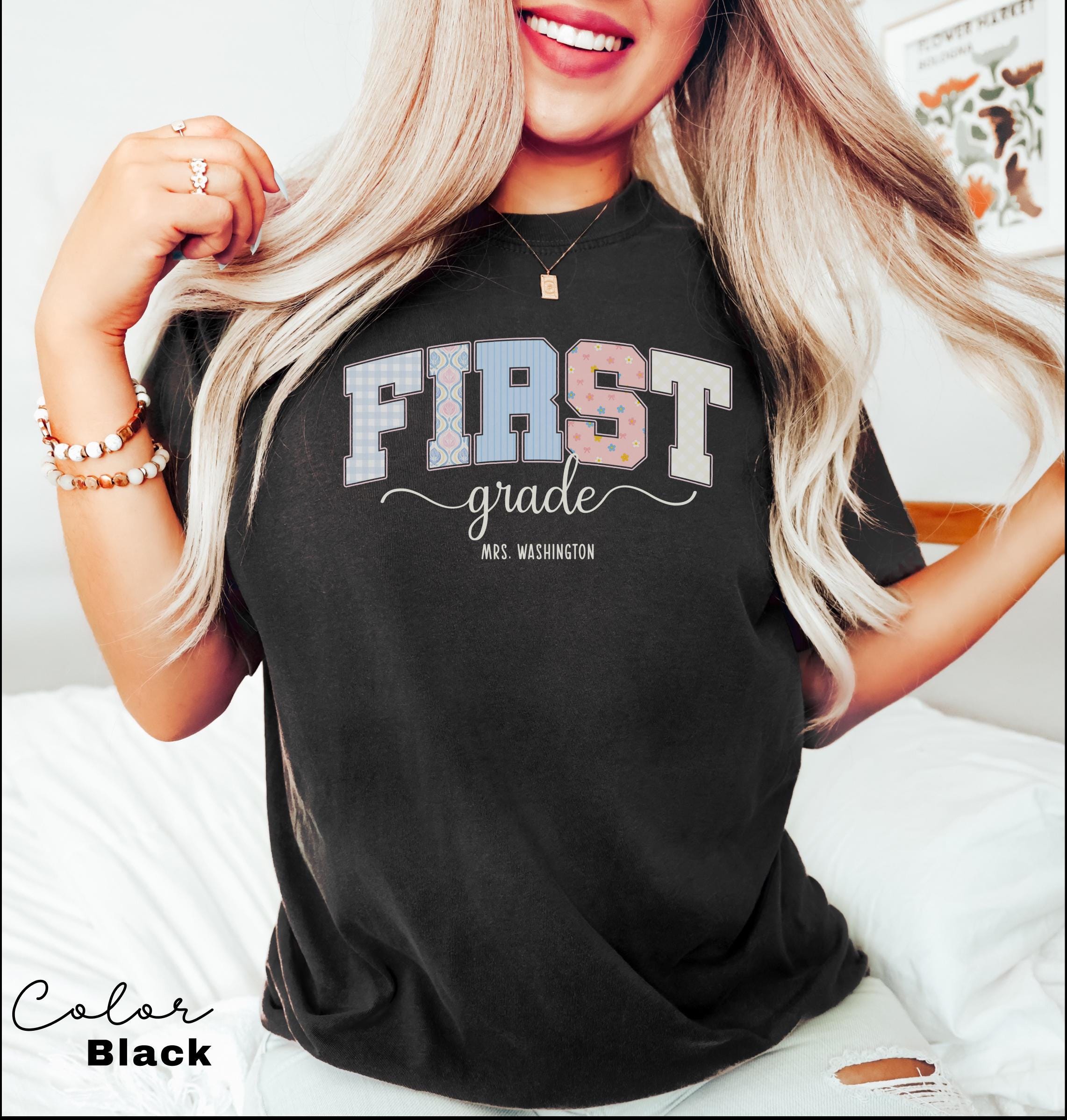 Custom First Grade Teacher Comfort Colors Shirt, Personalized Name, Back to School Teacher Tee, 1st Grade Teacher Group Shirt, Cute Floral