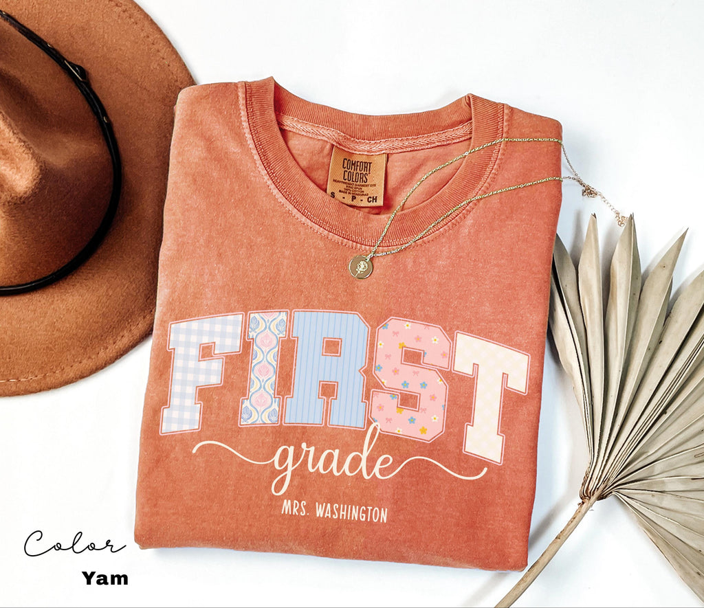 Custom First Grade Teacher Comfort Colors Shirt, Personalized Name, Back to School Teacher Tee, 1st Grade Teacher Group Shirt, Cute Floral