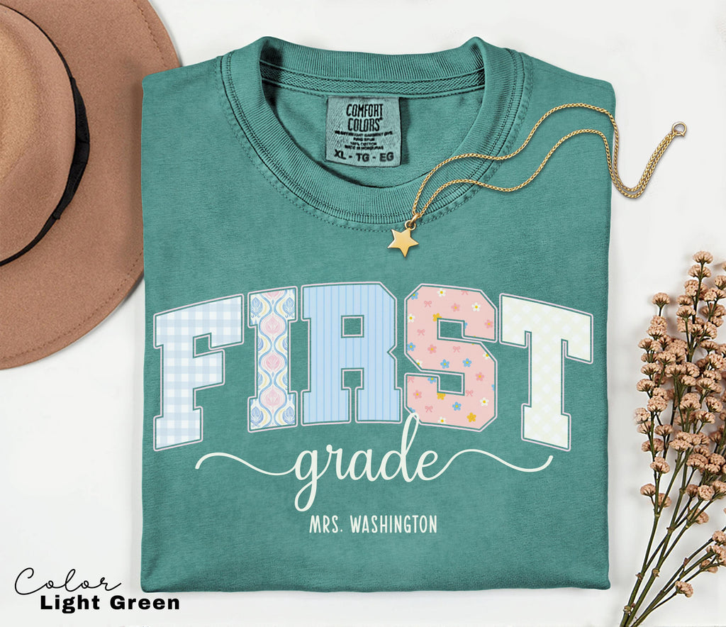 Custom First Grade Teacher Comfort Colors Shirt, Personalized Name, Back to School Teacher Tee, 1st Grade Teacher Group Shirt, Cute Floral