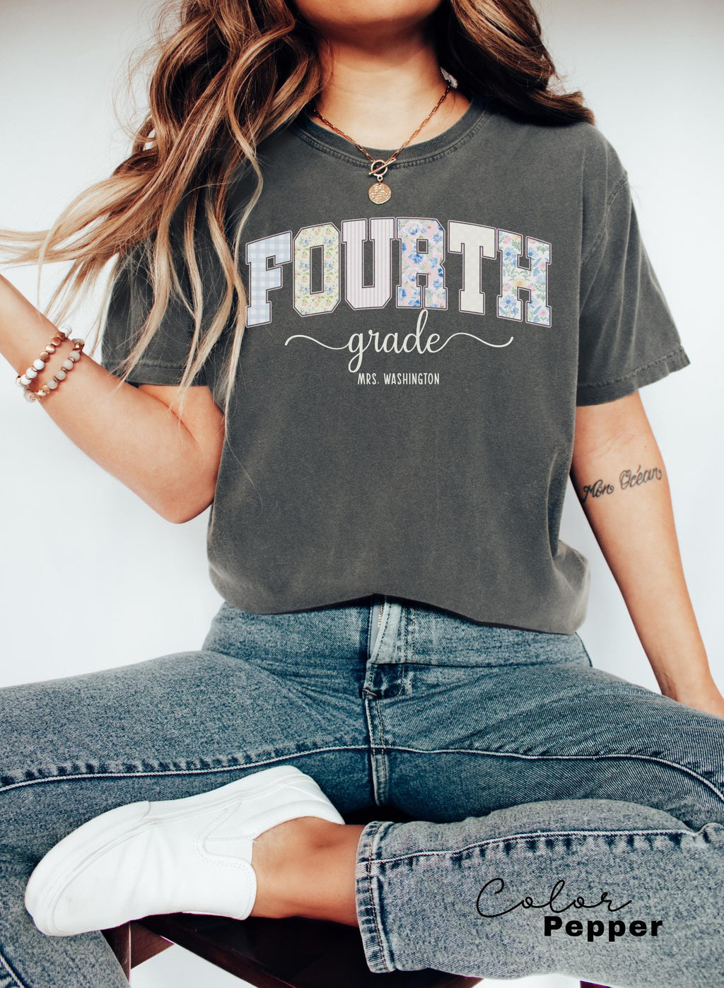Custom Teacher Shirt, Fourth Grade Teacher, Teacher Name Shirt, 4th Grade Teacher Shirt, Fourth Grade Crew Squad, Floral Teacher T-shirt