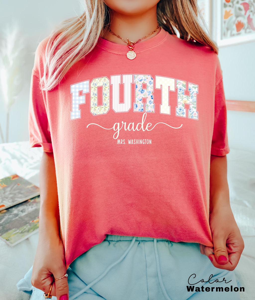Custom Teacher Shirt, Fourth Grade Teacher, Teacher Name Shirt, 4th Grade Teacher Shirt, Fourth Grade Crew Squad, Floral Teacher T-shirt