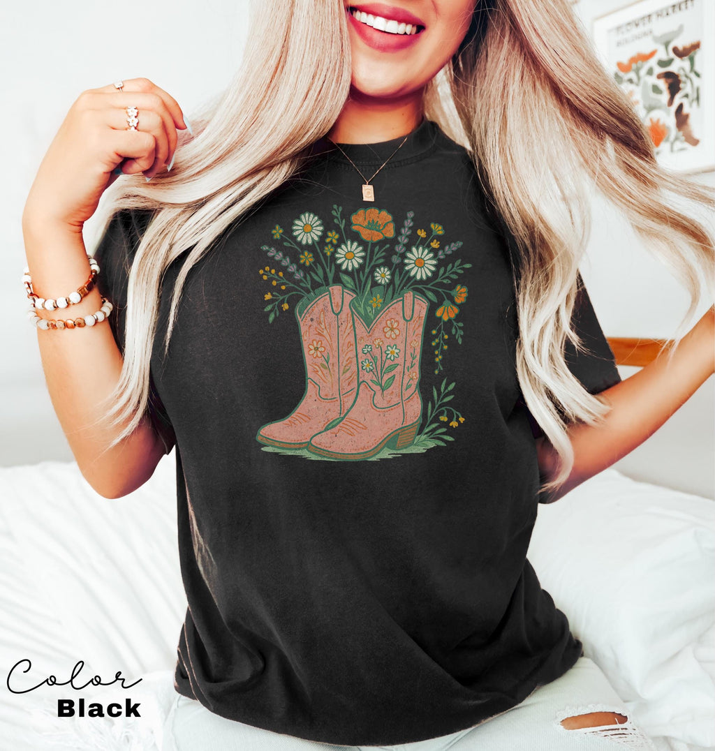 Cowgirl Boots Wildflowers Shirt, Retro Western Graphic Tee, Comfort Colors Country Girl T-Shirt, Rodeo Outfit, Gift for Her, Country Farm