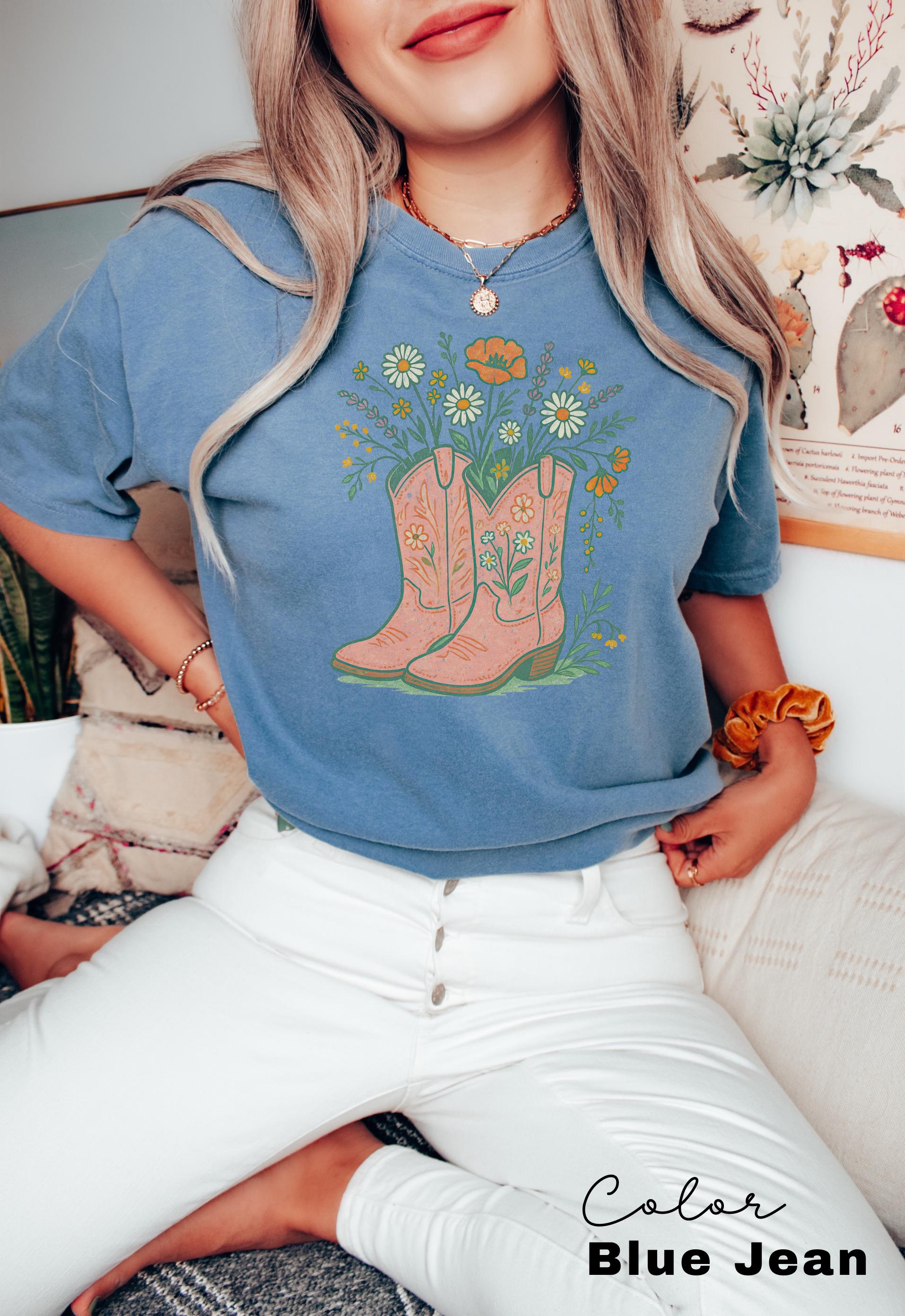 Cowgirl Boots Wildflowers Shirt, Retro Western Graphic Tee, Comfort Colors Country Girl T-Shirt, Rodeo Outfit, Gift for Her, Country Farm