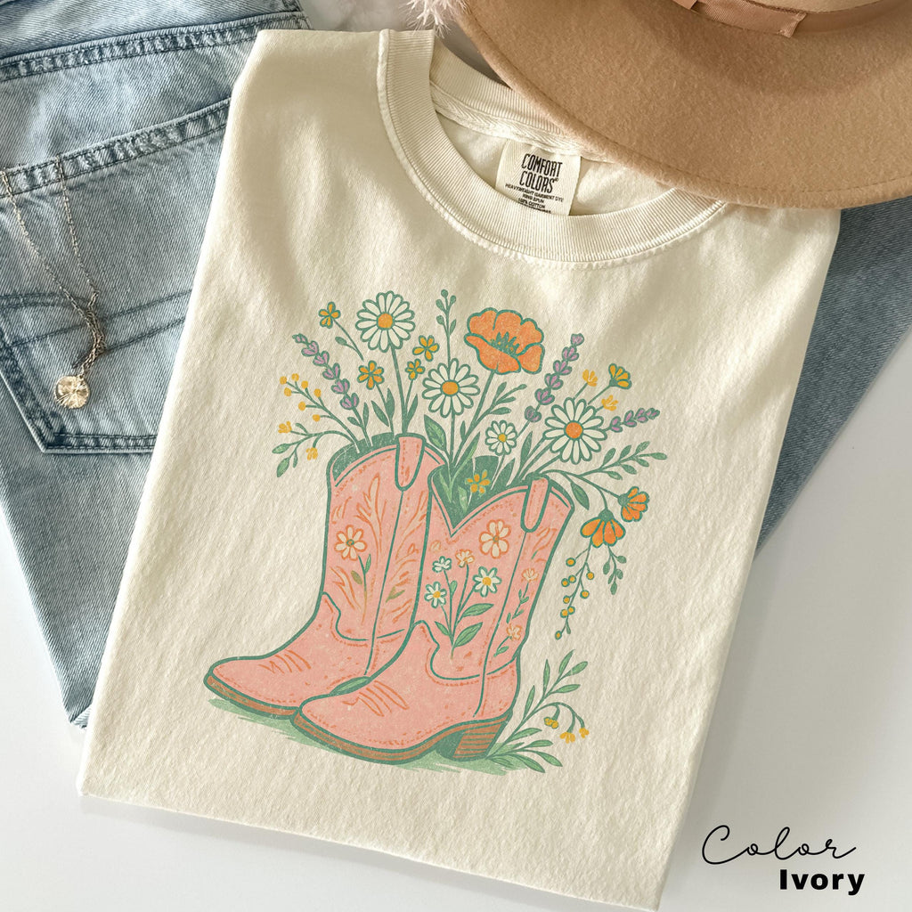 Cowgirl Boots Wildflowers Shirt, Retro Western Graphic Tee, Comfort Colors Country Girl T-Shirt, Rodeo Outfit, Gift for Her, Country Farm