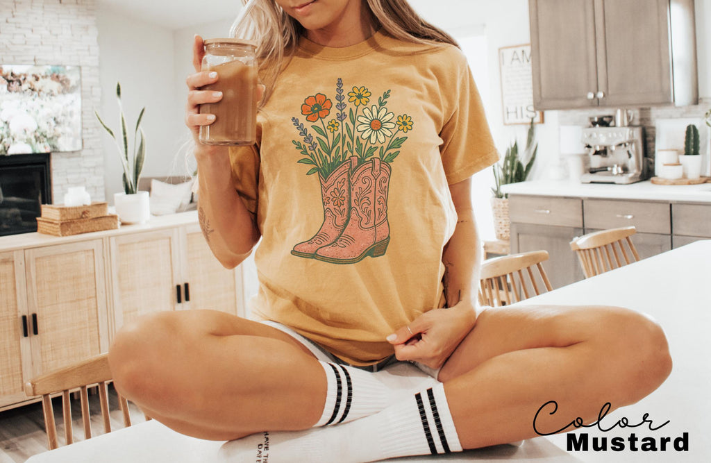 Cowgirl Boots Wildflowers Shirt, Retro Western Graphic Tee, Comfort Colors Country Girl T-Shirt, Rodeo Outfit, Gift for Her, Country Farm