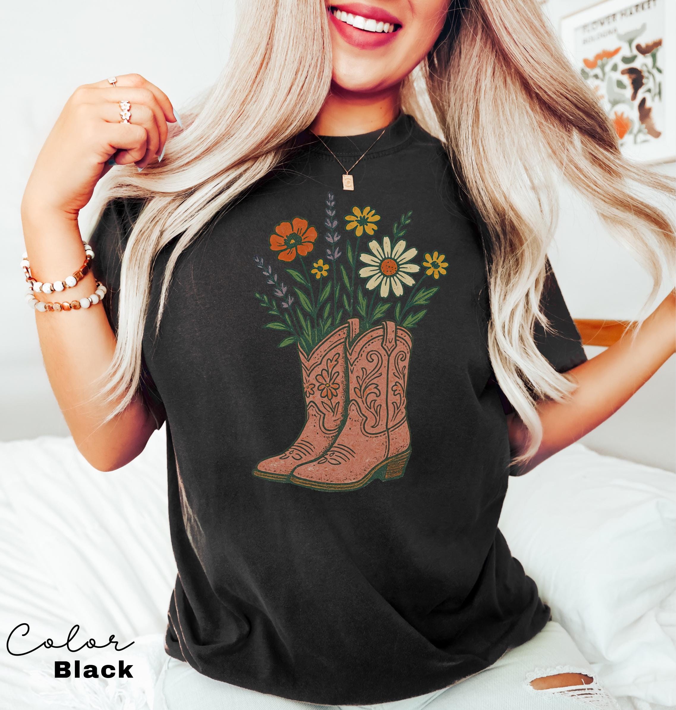 Cowgirl Boots Wildflowers Shirt, Retro Western Graphic Tee, Comfort Colors Country Girl T-Shirt, Rodeo Outfit, Gift for Her, Country Farm