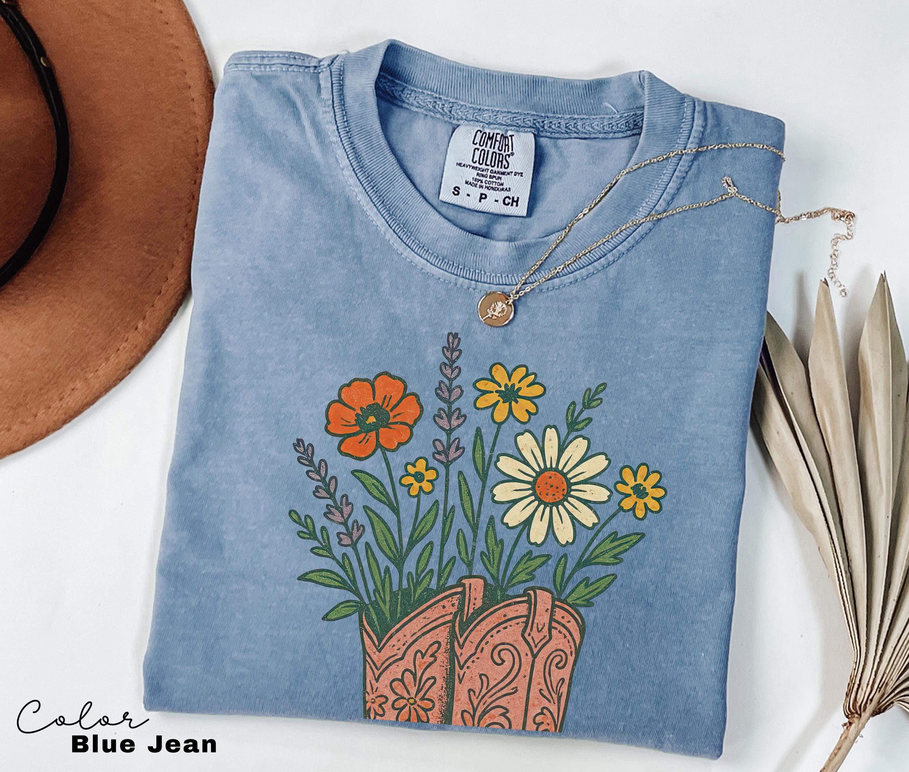 Cowgirl Boots Wildflowers Shirt, Retro Western Graphic Tee, Comfort Colors Country Girl T-Shirt, Rodeo Outfit, Gift for Her, Country Farm