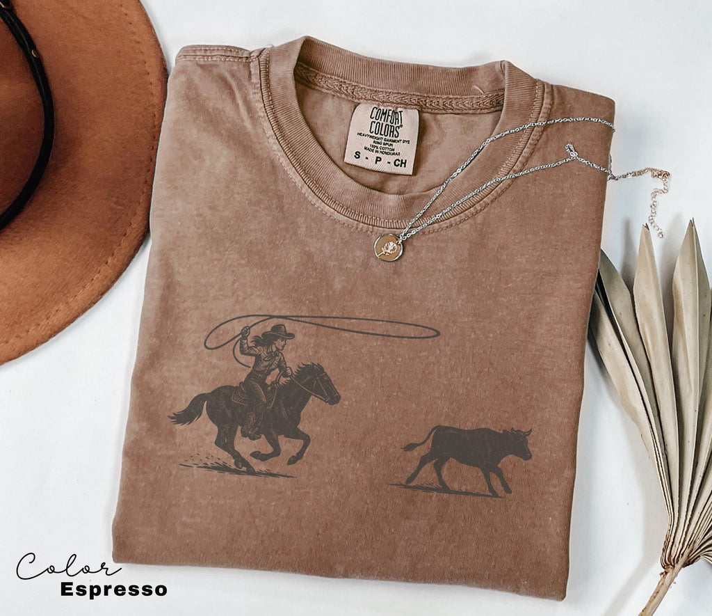 Cowgirl Roping Shirt, Retro Western Rodeo Graphic Tee, Comfort Colors Cowgirl T-Shirt, Country Girl Outfit, Cowboy, Gift Her, Farm Shirt