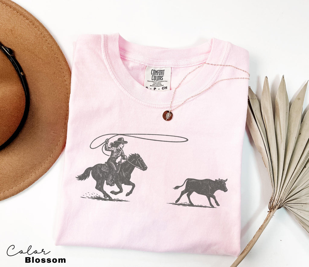Cowgirl Roping Shirt, Retro Western Rodeo Graphic Tee, Comfort Colors Cowgirl T-Shirt, Country Girl Outfit, Cowboy, Gift Her, Farm Shirt