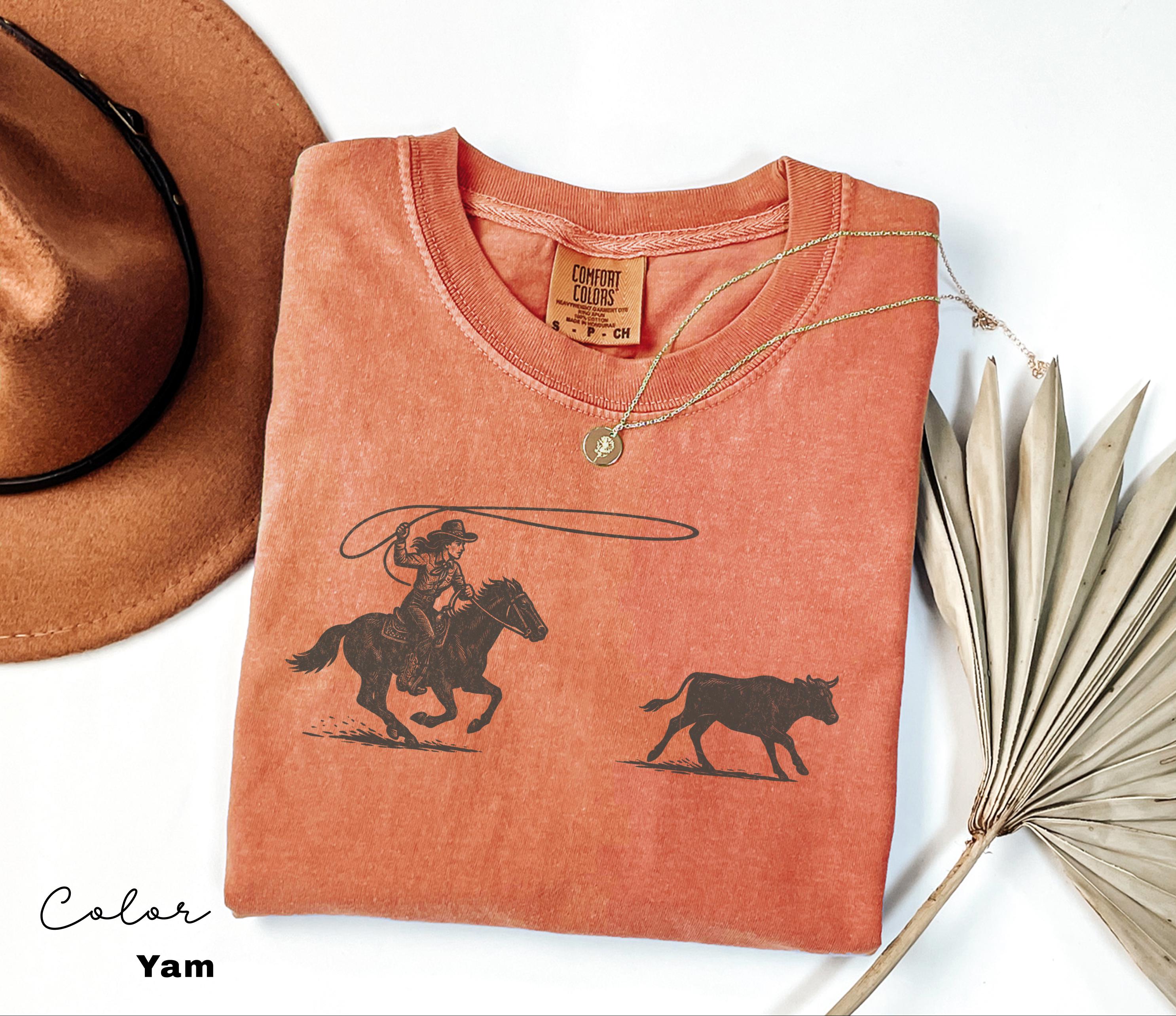 Cowgirl Roping Shirt, Retro Western Rodeo Graphic Tee, Comfort Colors Cowgirl T-Shirt, Country Girl Outfit, Cowboy, Gift Her, Farm Shirt