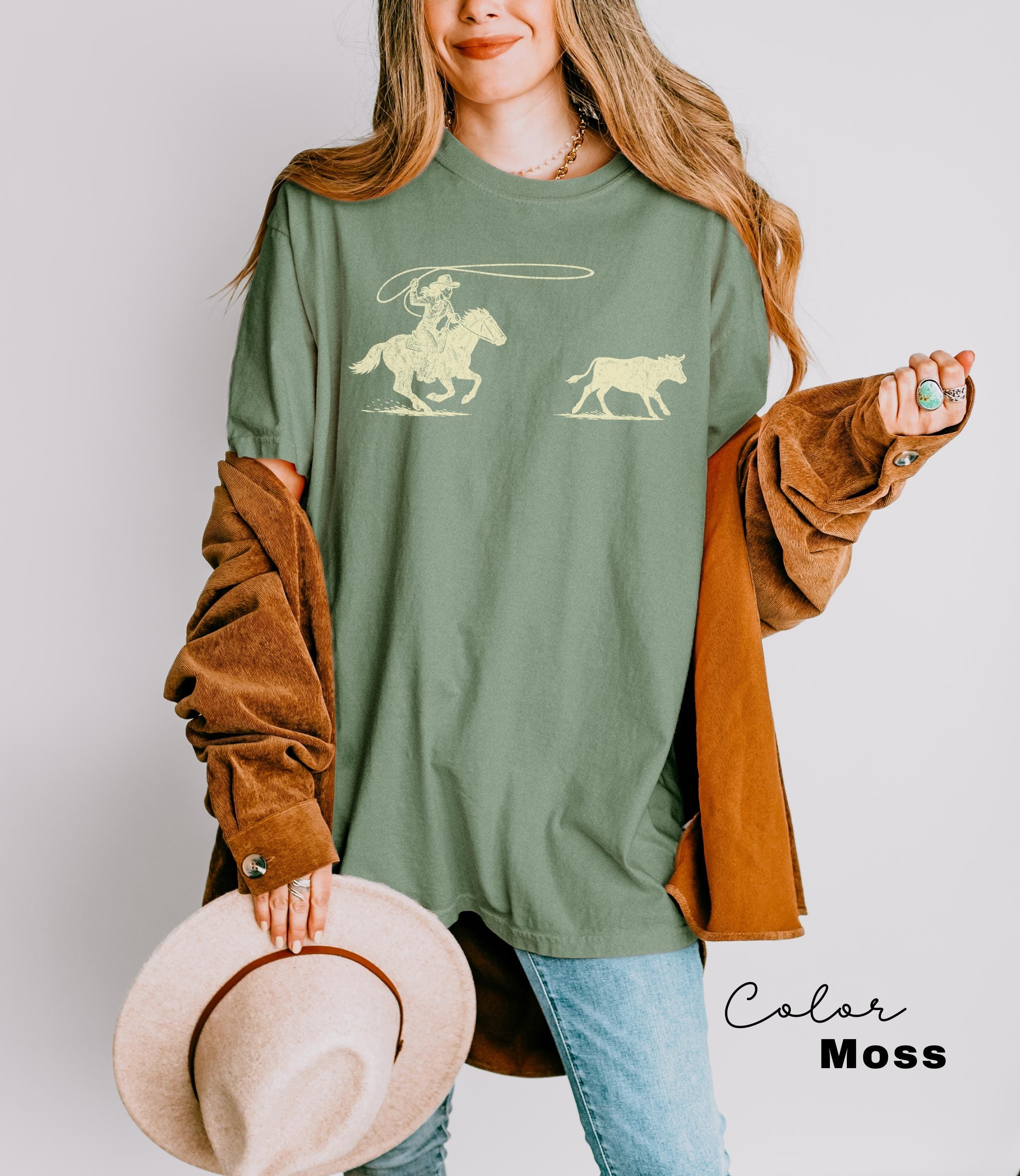 Cowgirl Roping Shirt, Retro Western Rodeo Graphic Tee, Comfort Colors Cowgirl T-Shirt, Country Girl Outfit, Cowboy, Gift Her, Farm Shirt
