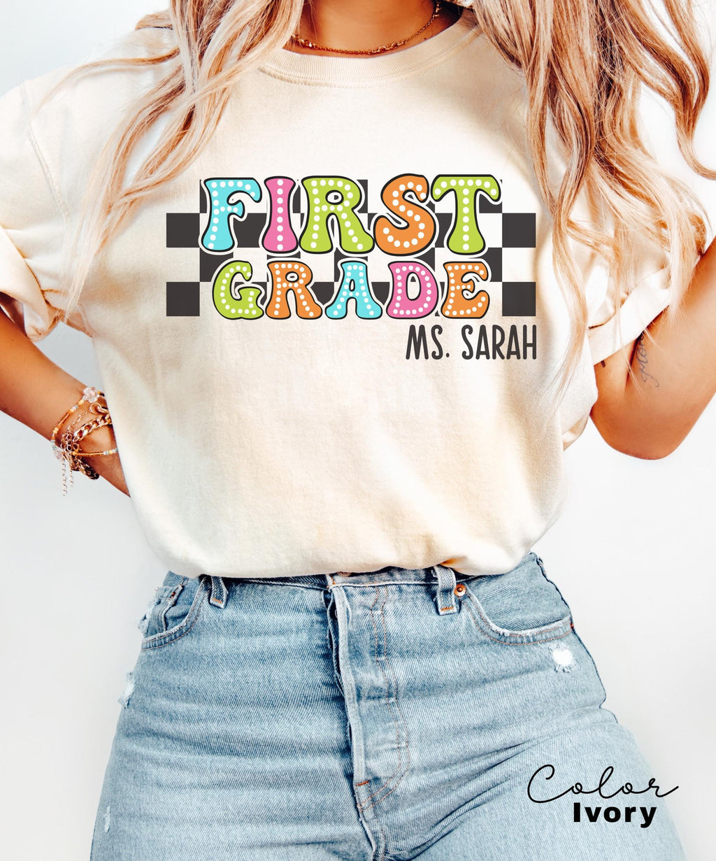 Custom First Grade Teacher Comfort Colors Shirt, Personalized Name, Back to School Teacher Tee, 1st Grade Teacher Group Shirt, Retro Teacher