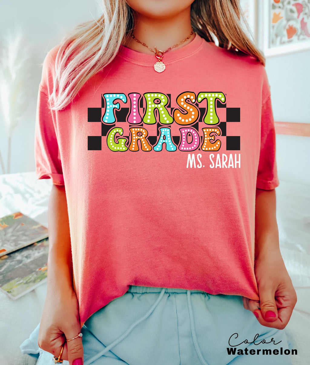 Custom First Grade Teacher Comfort Colors Shirt, Personalized Name, Back to School Teacher Tee, 1st Grade Teacher Group Shirt, Retro Teacher