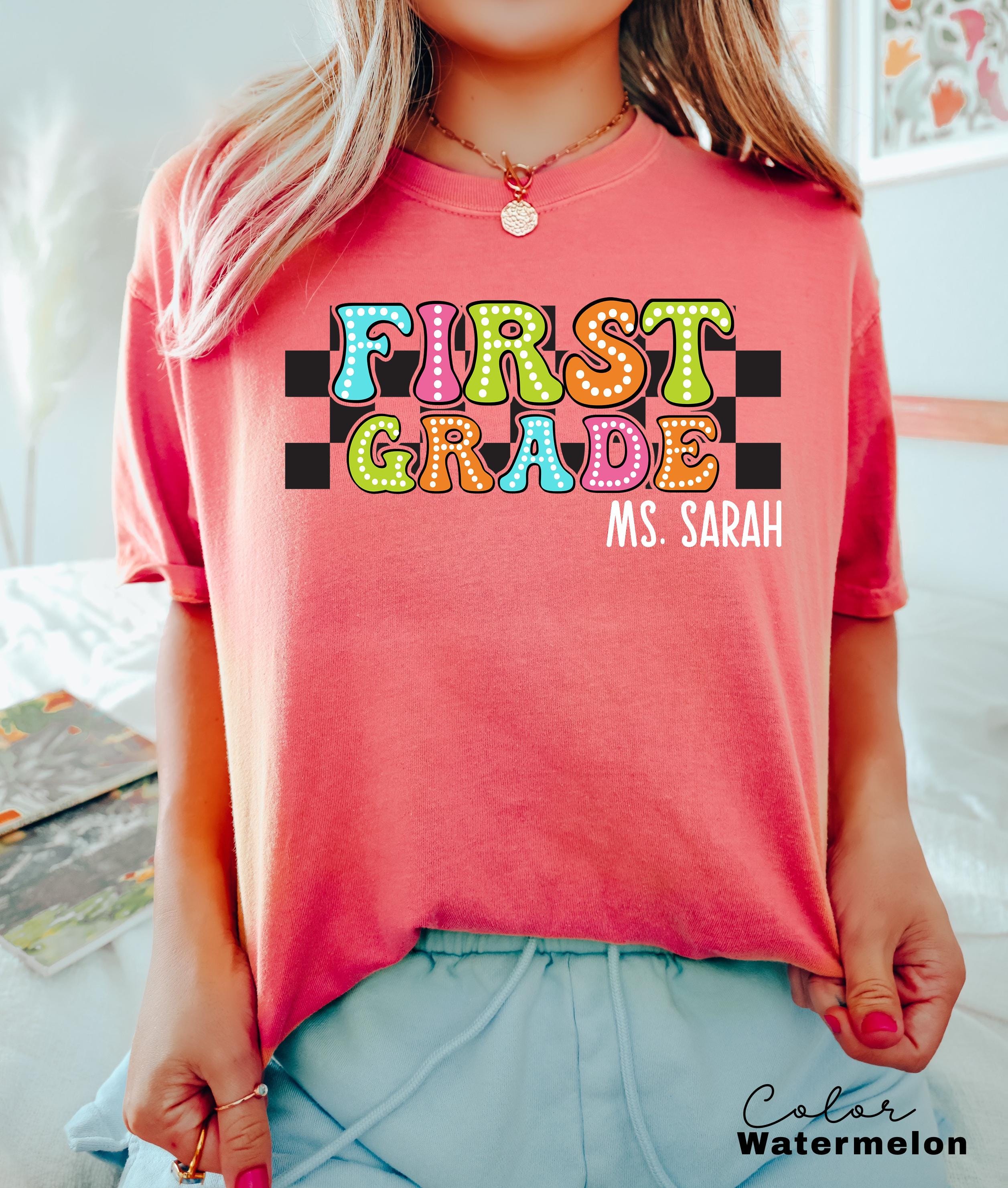 Custom First Grade Teacher Comfort Colors Shirt, Personalized Name, Back to School Teacher Tee, 1st Grade Teacher Group Shirt, Retro Teacher